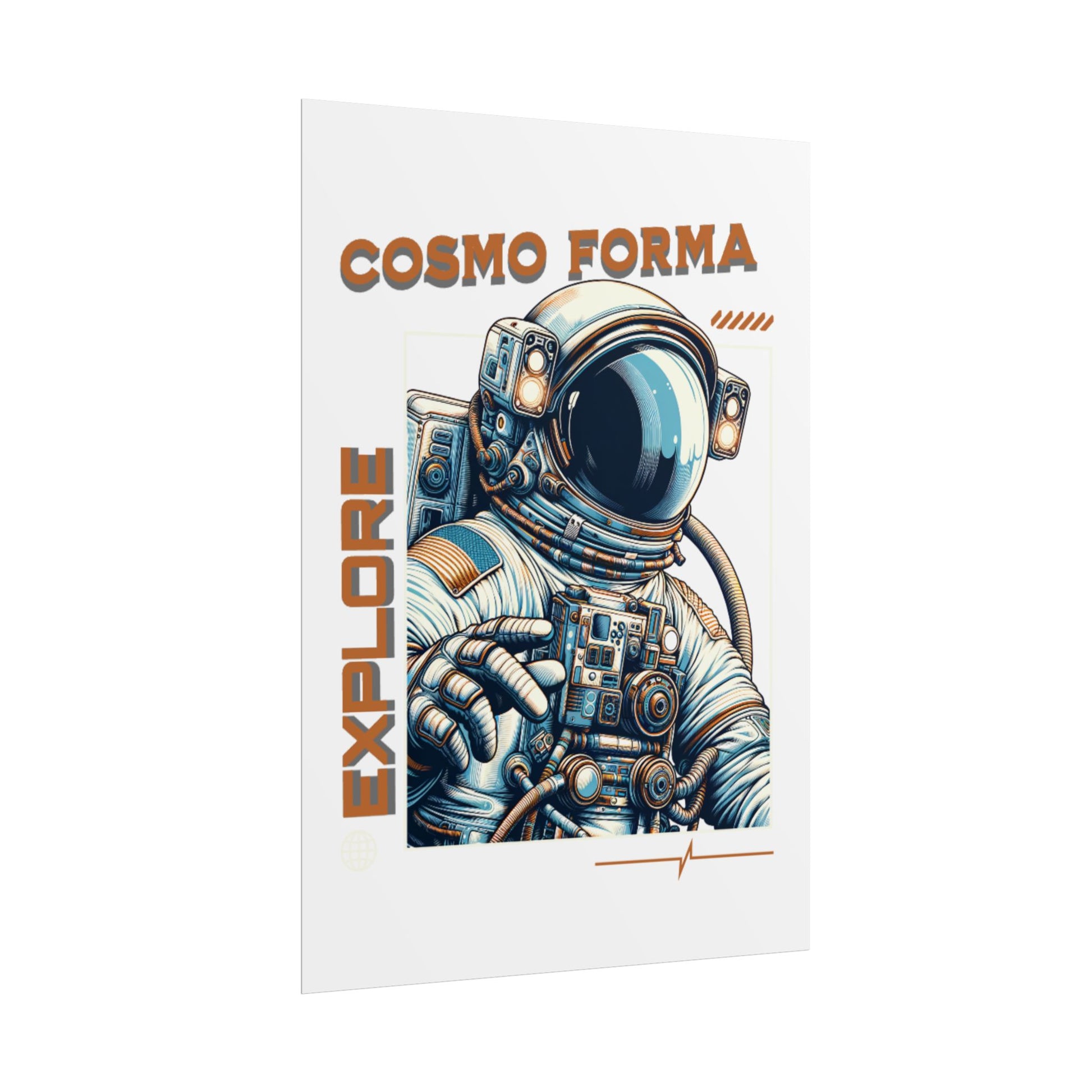 Poster with an astronaut design and 'Cosmo Forma' branding on a white background