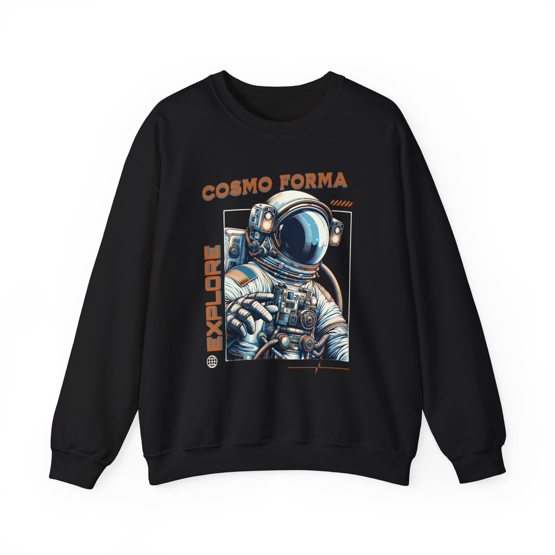 Black sweatshirt with an astronaut graphic and 'Cosmo Forma' text on a white background