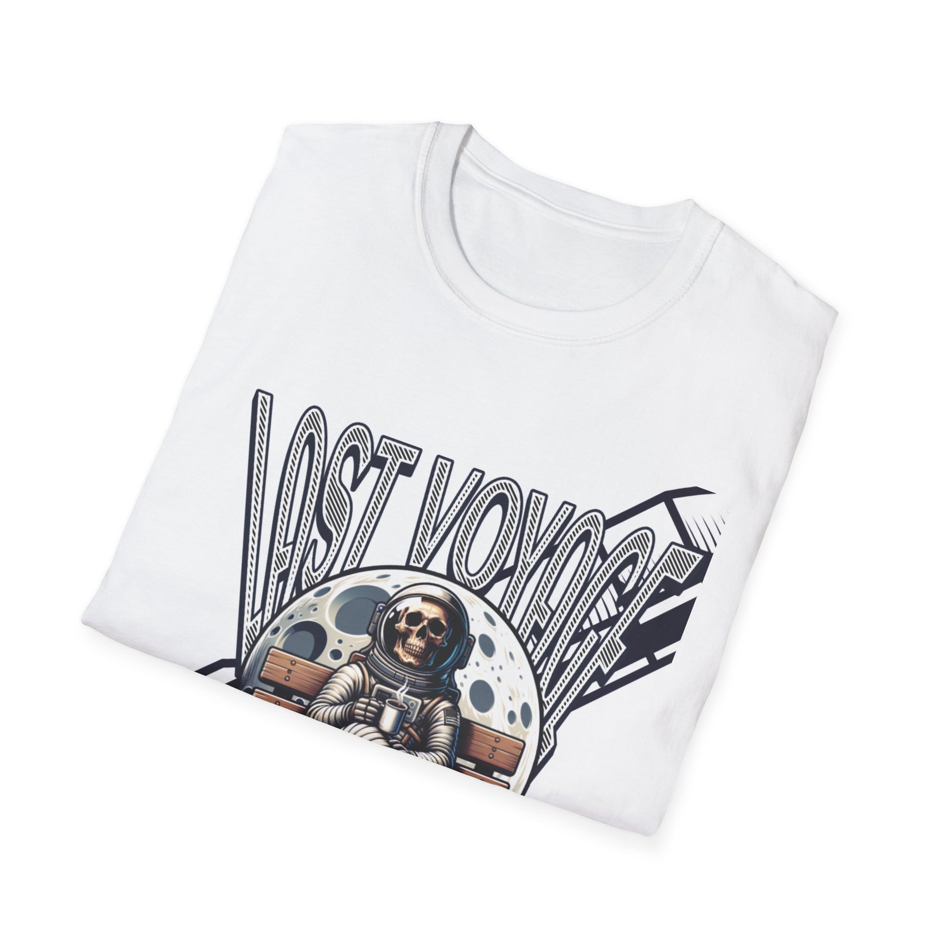 White t-shirt with 'Lost Vovoo' design featuring an astronaut and space helmet on a white background