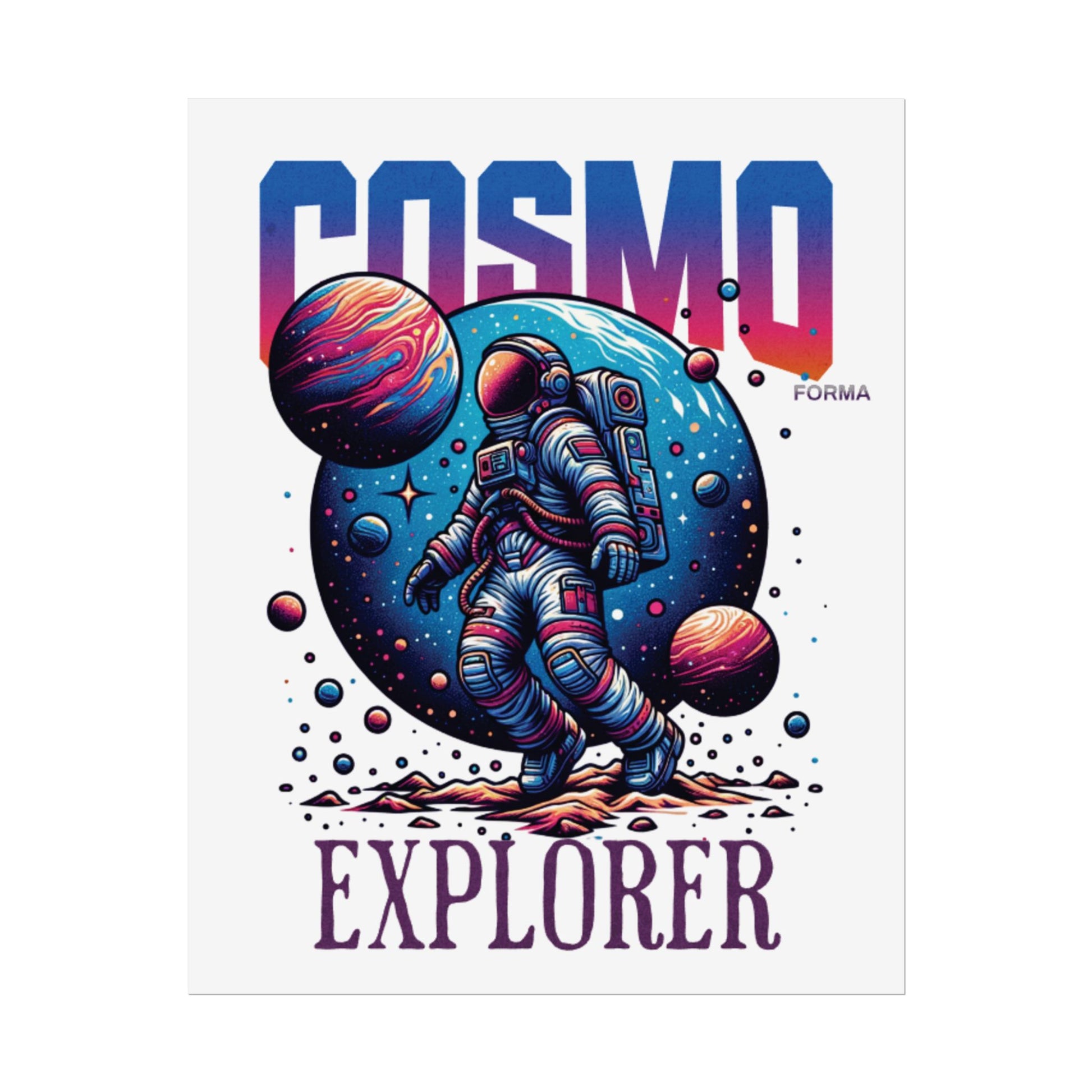 Illustration of an astronaut with planets and the word 'Cosmo' on a white background