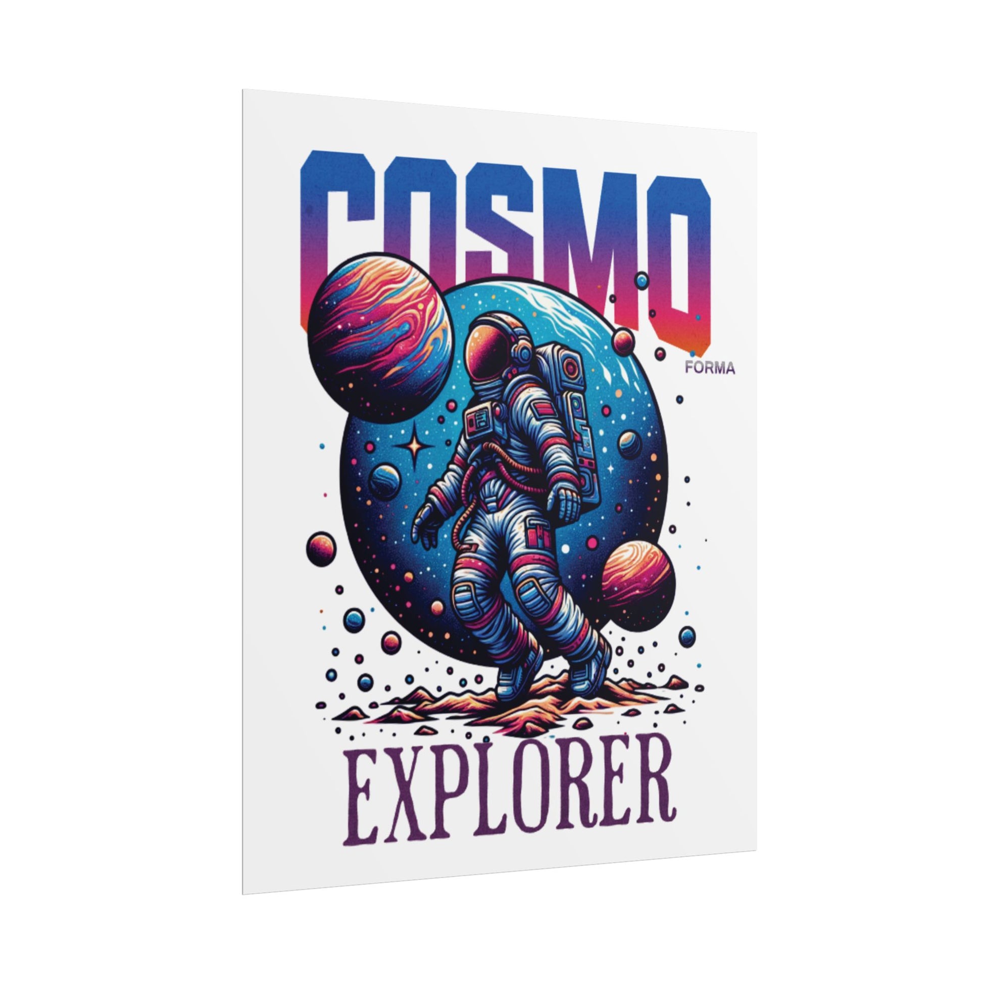 Poster with an astronaut and cosmic design, featuring the text 'Cosmo Explorer' and 'FORMA'.