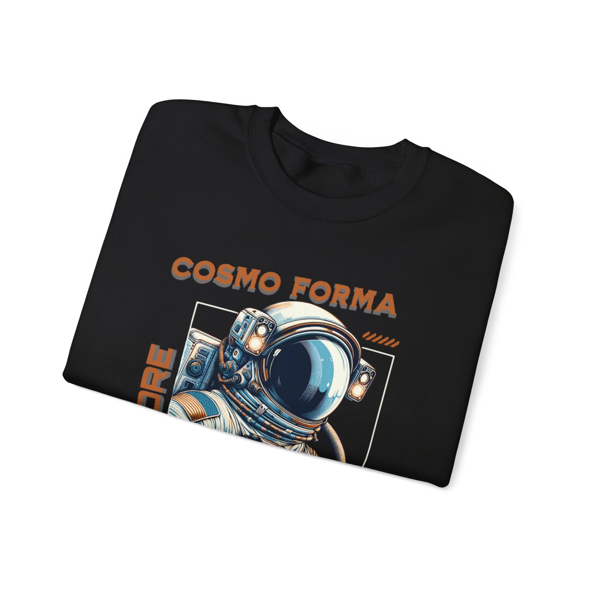 Folded black t-shirt with 'Cosmo Forma' design featuring an astronaut helmet on a white background