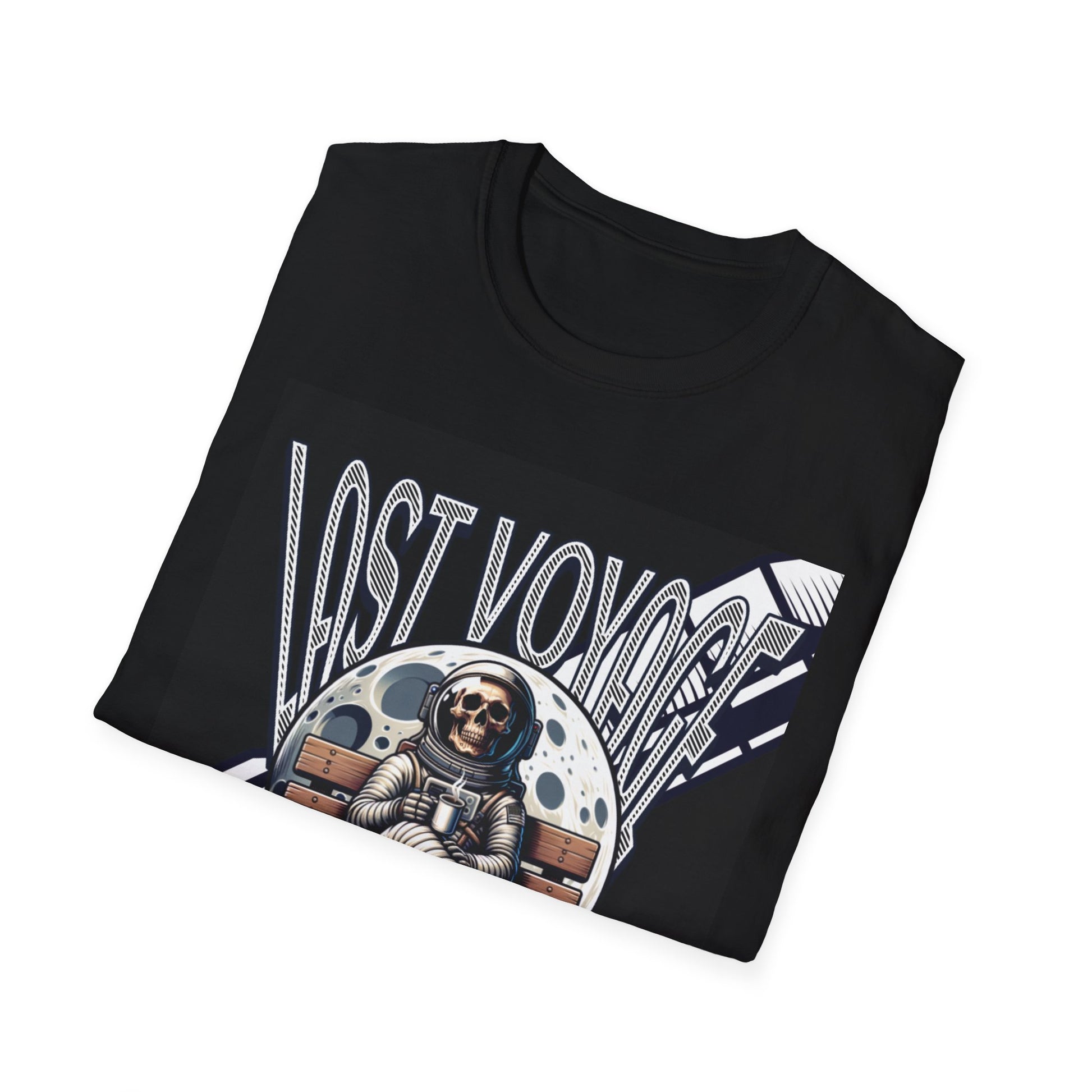 Black t-shirt with 'Last Voyage' graphic design featuring an astronaut and space-themed elements on a white background.