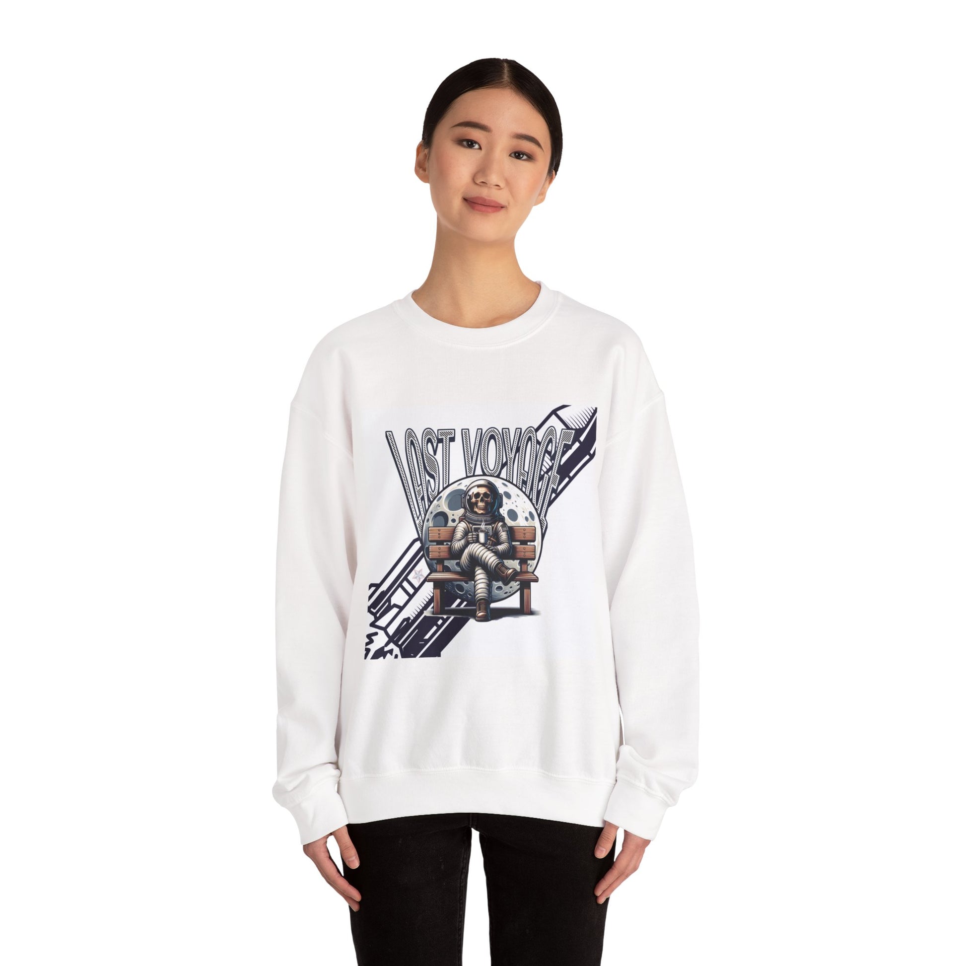 Person wearing a white sweatshirt with a graphic design on a white background