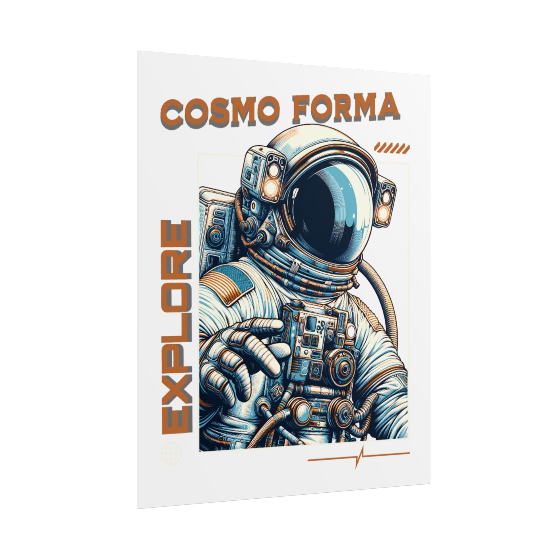 Poster with an astronaut design and 'Cosmo Forma' text on a white background