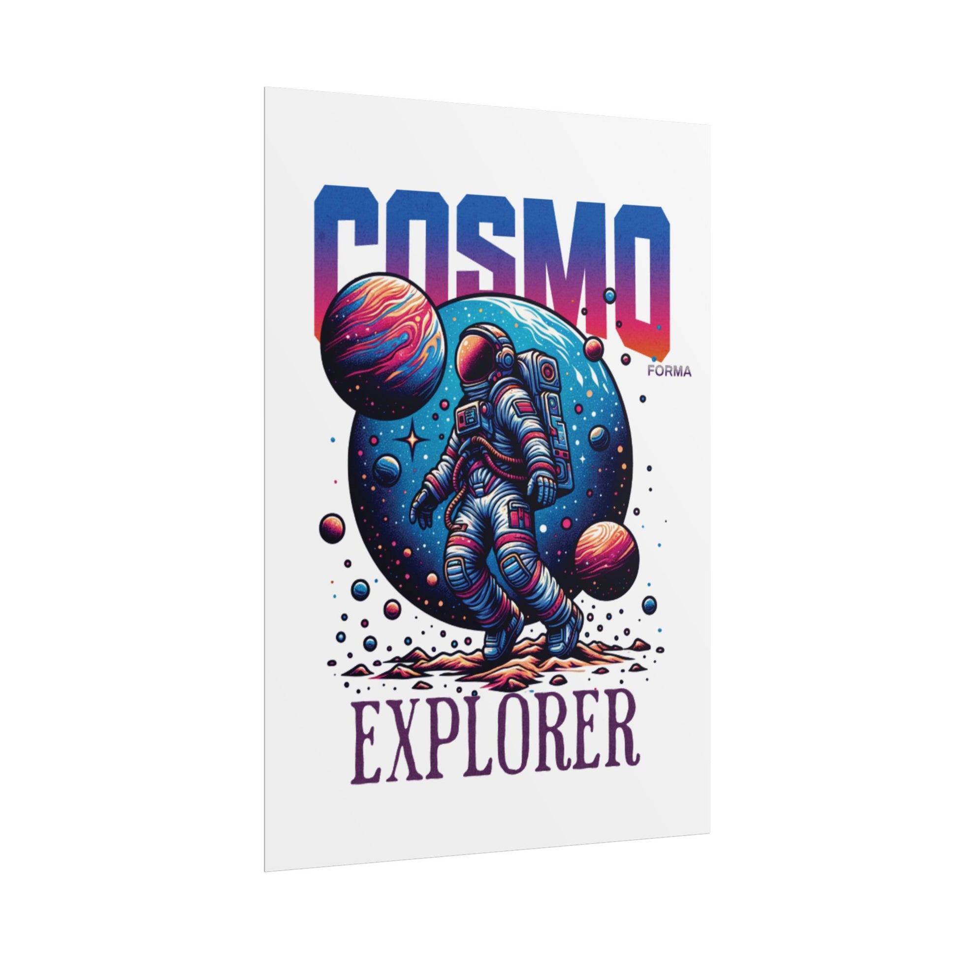Poster with an astronaut and planets design, labeled 'Cosmo Explorer', on a white background.