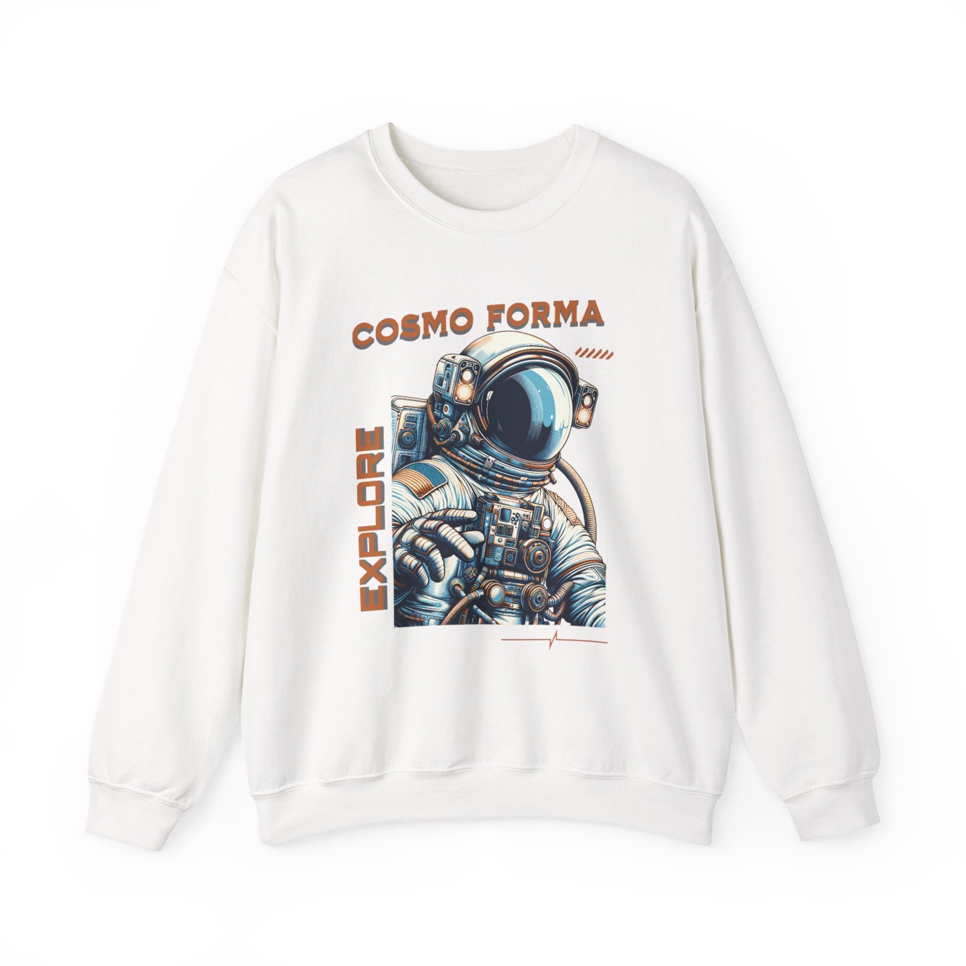 White sweatshirt with an astronaut graphic and 'Cosmo Forma' text on a white background