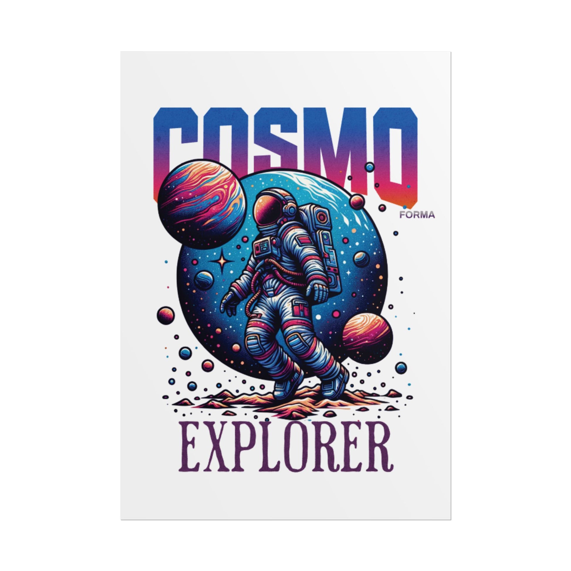 Illustration of an astronaut with planets and the word 'Cosmo' on a white background