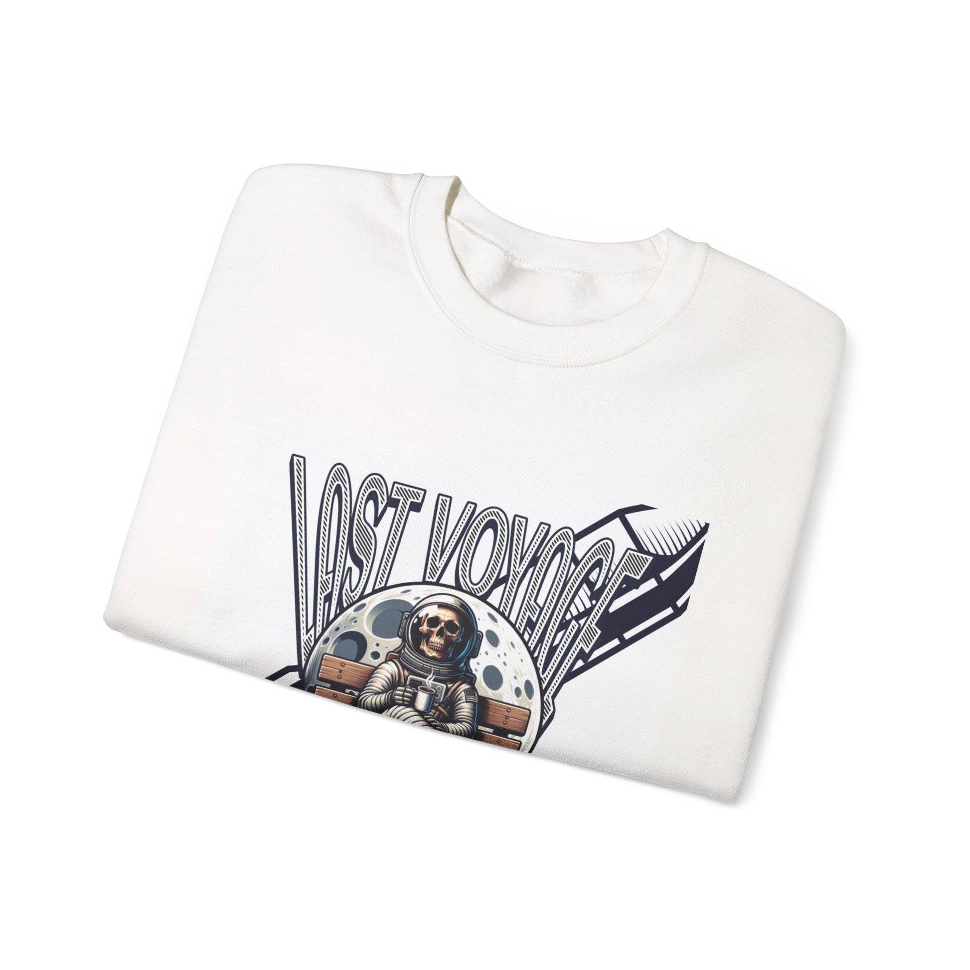 White sweatshirt with 'Last Voyage' graphic design on a white background