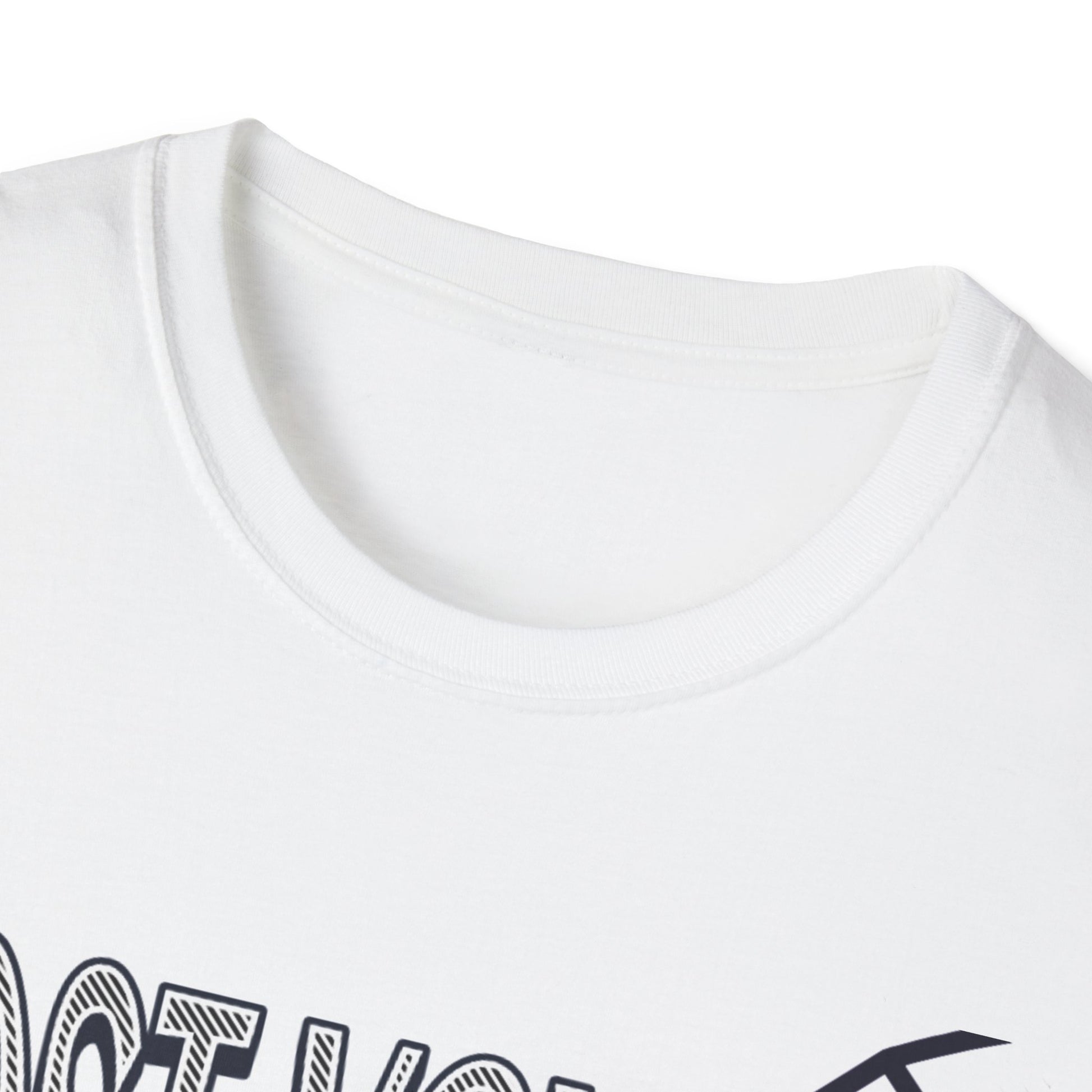 Close-up of a white t-shirt with black text on a white background