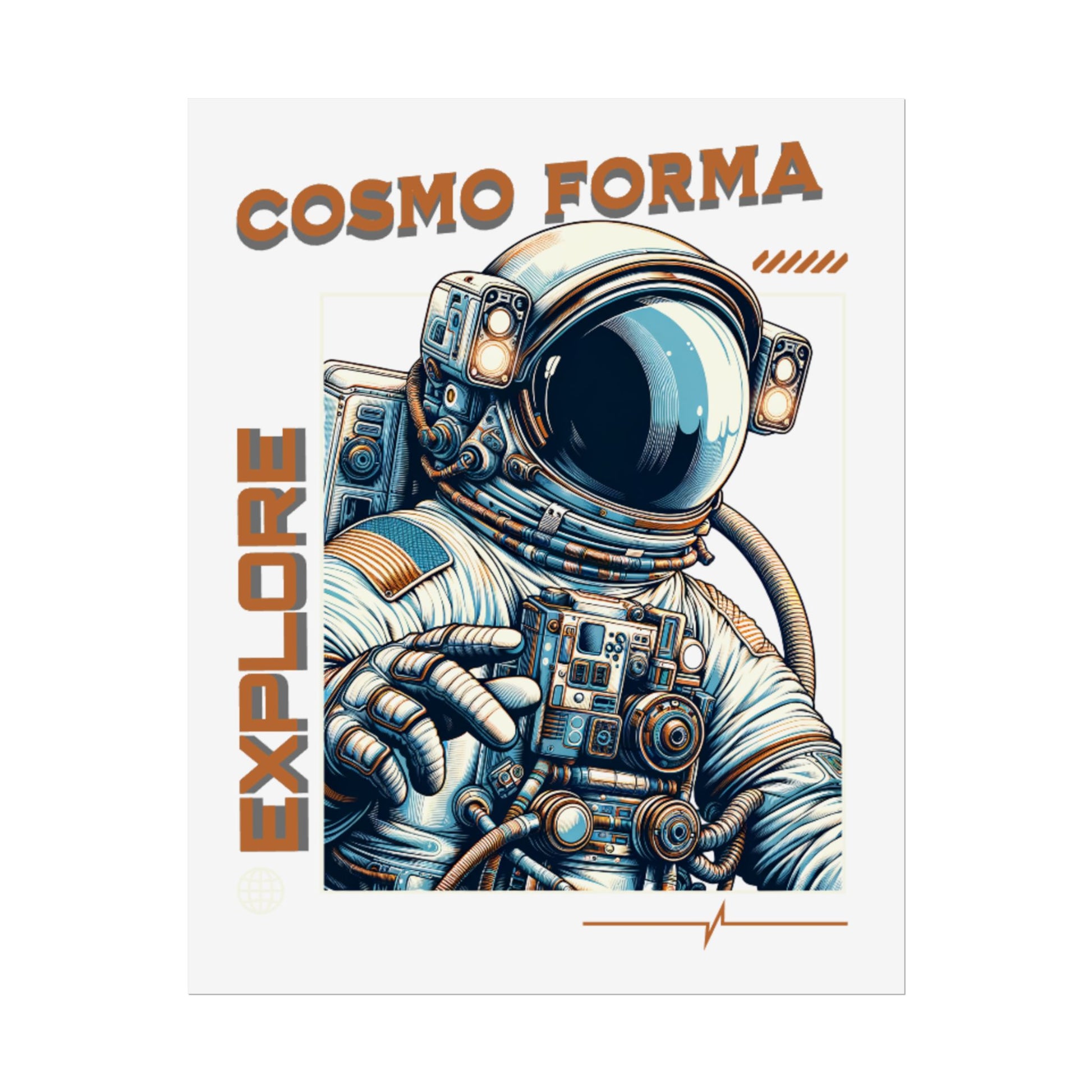 Illustration of an astronaut in a spacesuit with 'Cosmo Forma' and 'Explore' text on a white background