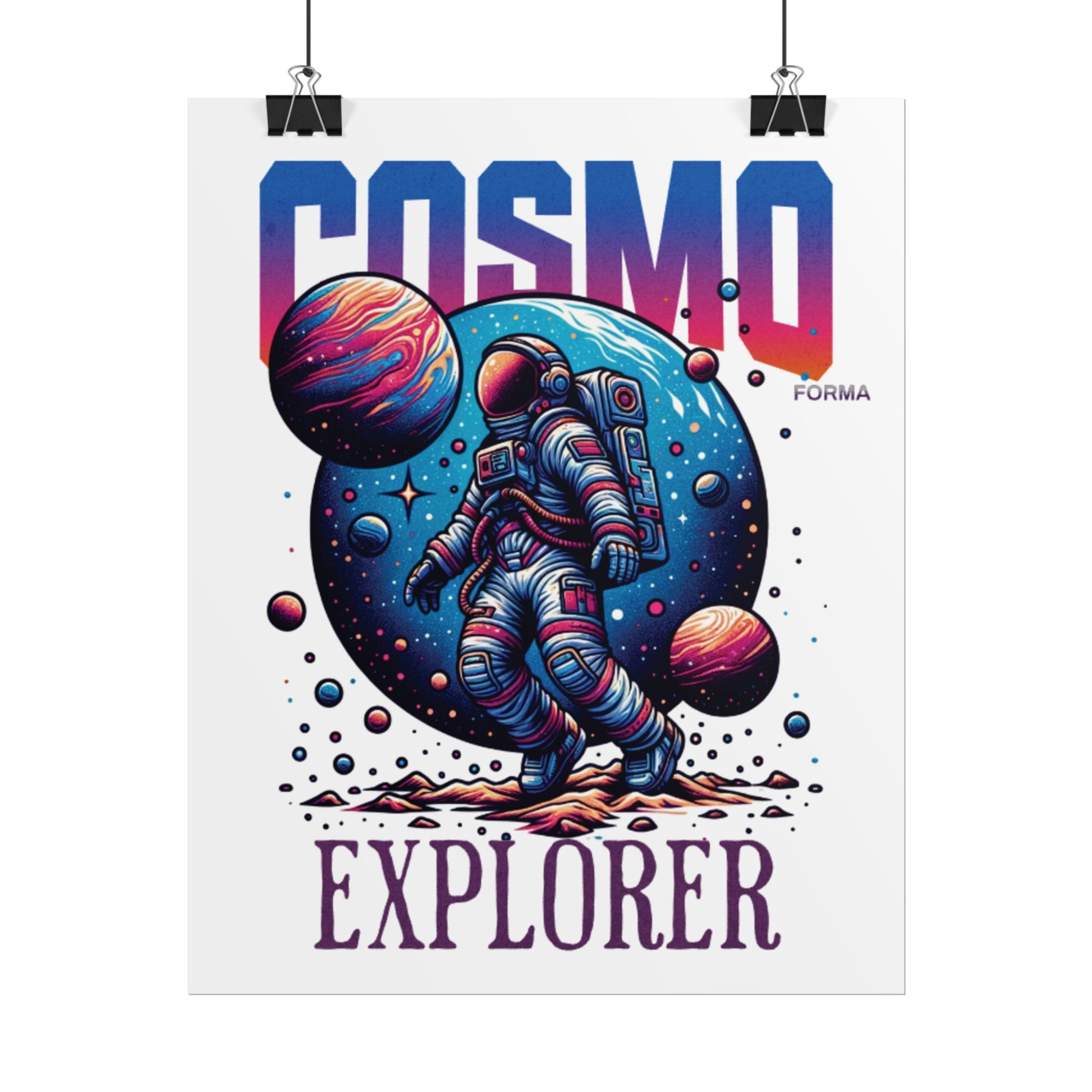 Poster with an astronaut and planets design, labeled 'Cosmo Explorer', on a white background.