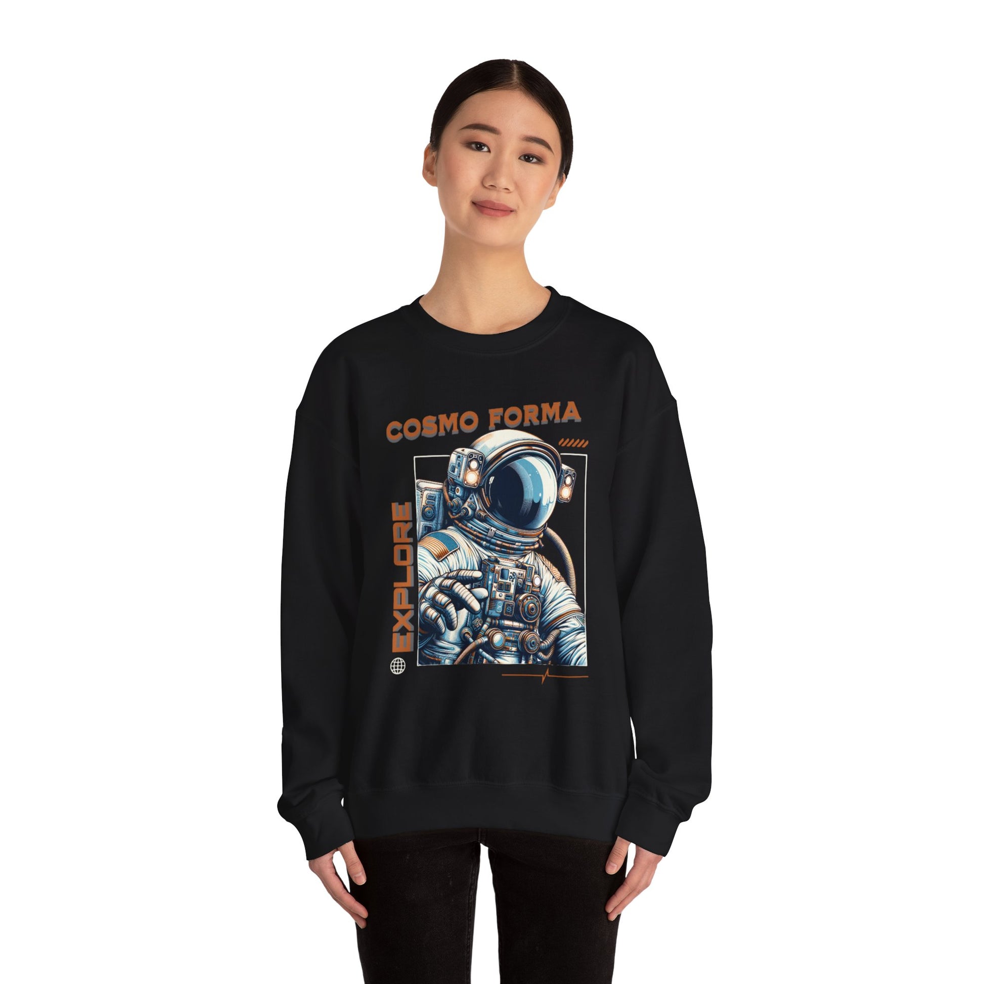 Person wearing a black sweatshirt with an astronaut graphic and 'Cosmo Forma' text on a white background