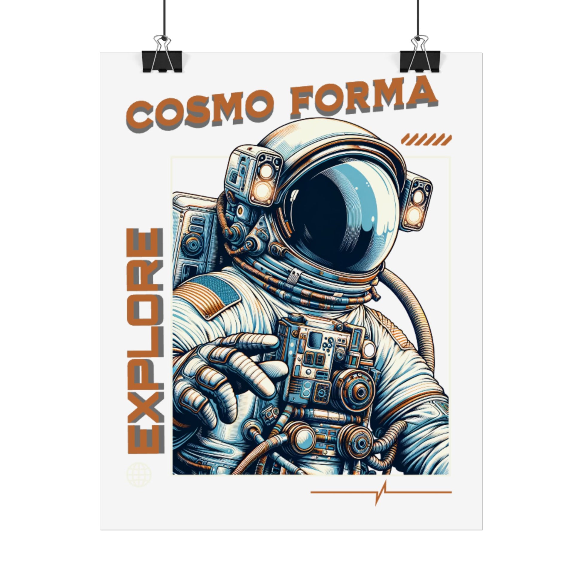 Poster with an astronaut illustration and 'Cosmo Forma' text on a white background