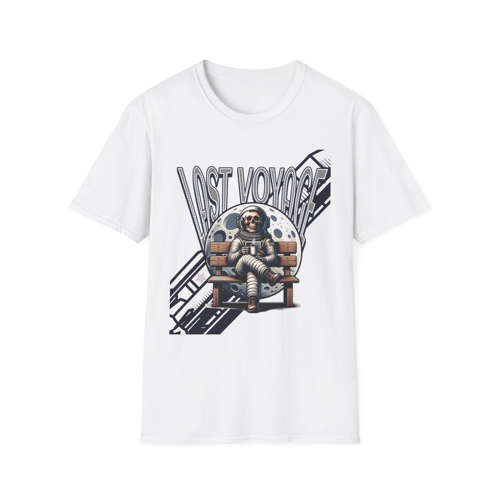 White t-shirt with an astronaut graphic and 'Lost Voyage' text on a white background