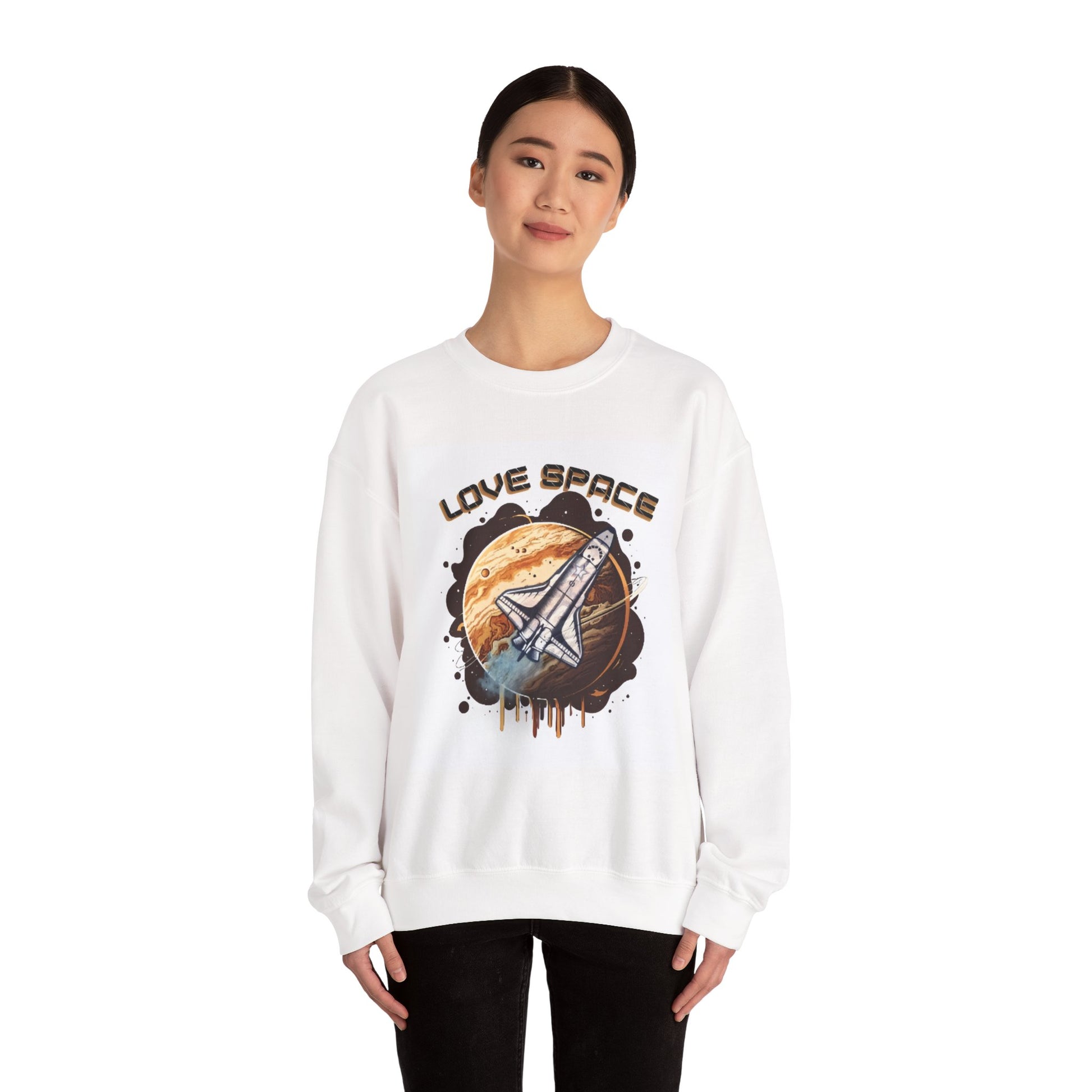 Person wearing a white sweatshirt with a space-themed design and 'Love Space' text.