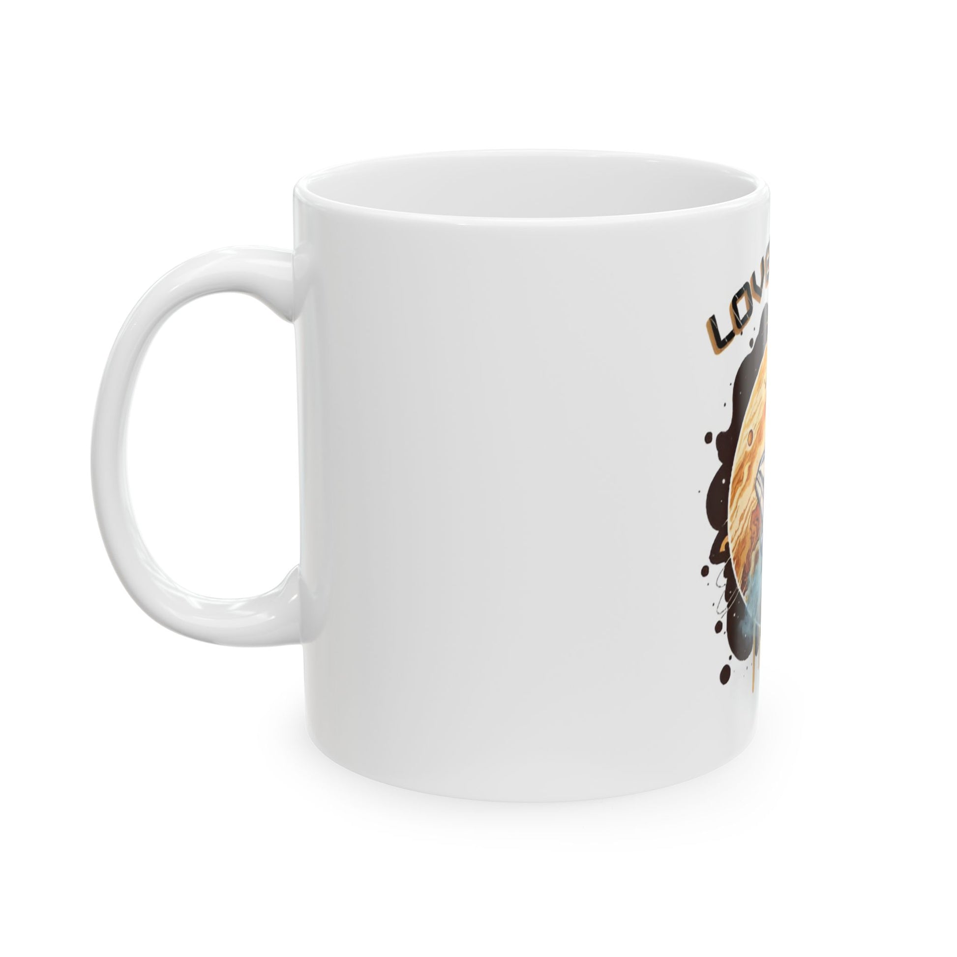 White mug with a printed design on a white background