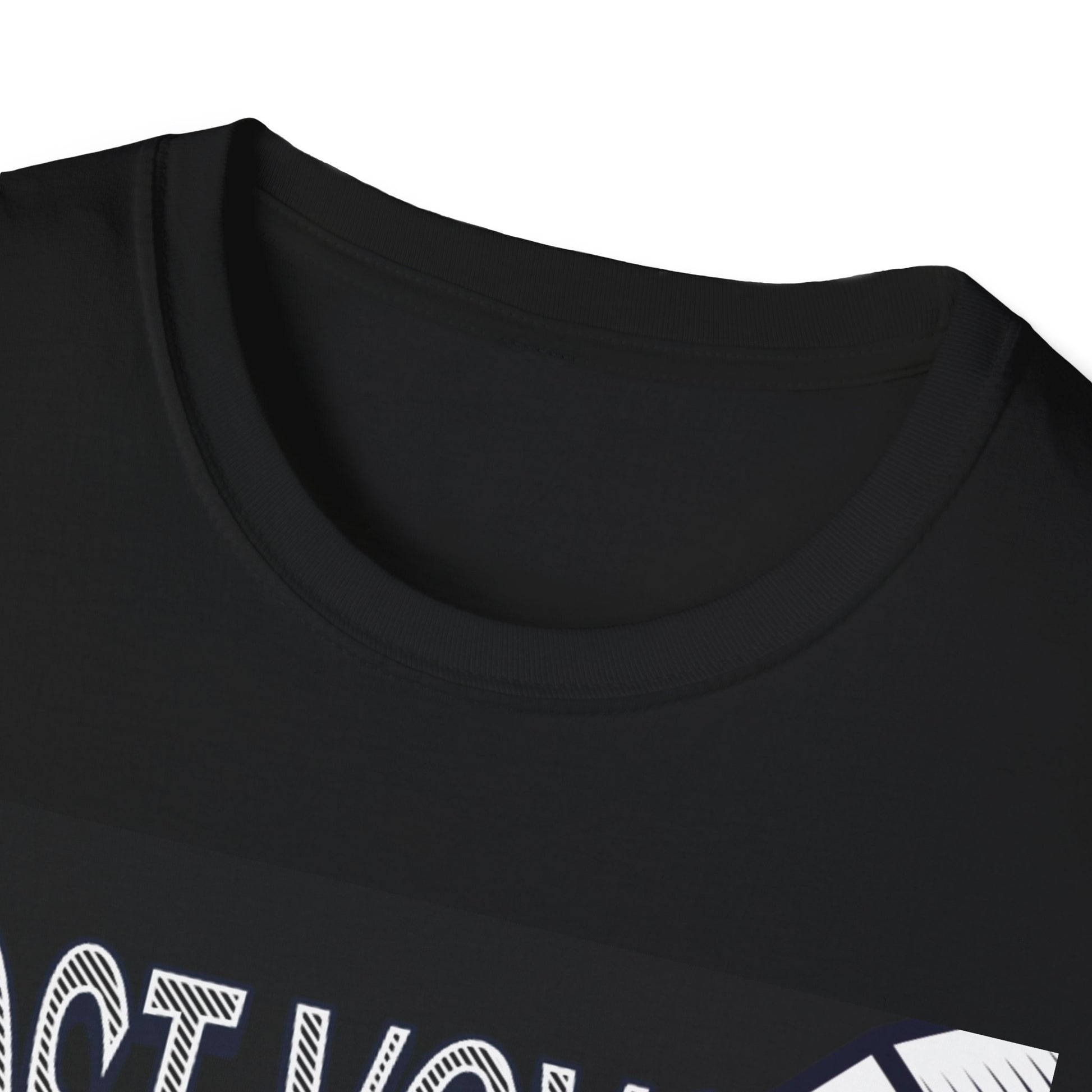 Close-up of a black t-shirt with text and graphics on a white background
