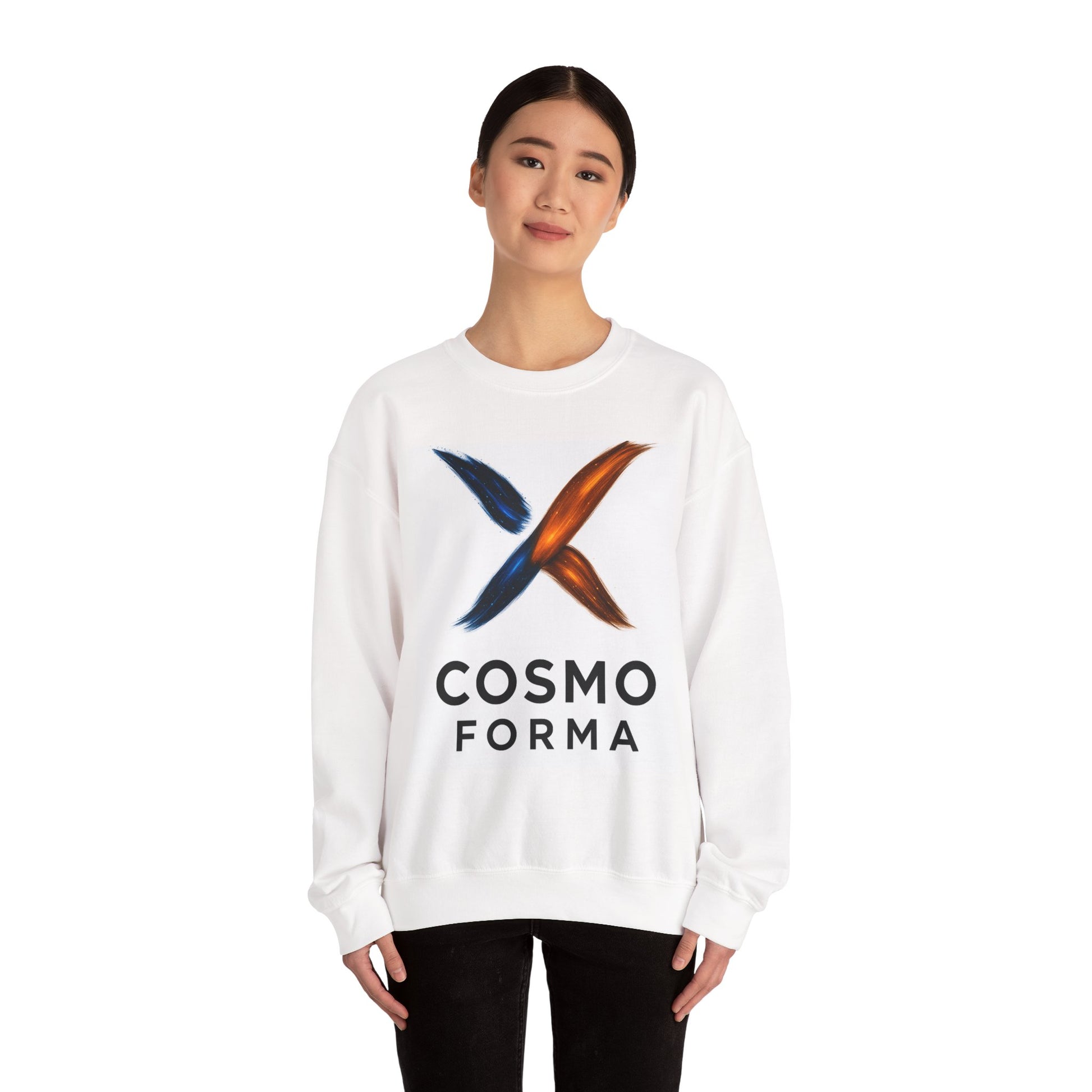 Person wearing a white sweatshirt with 'Cosmo Forma' logo on a white background