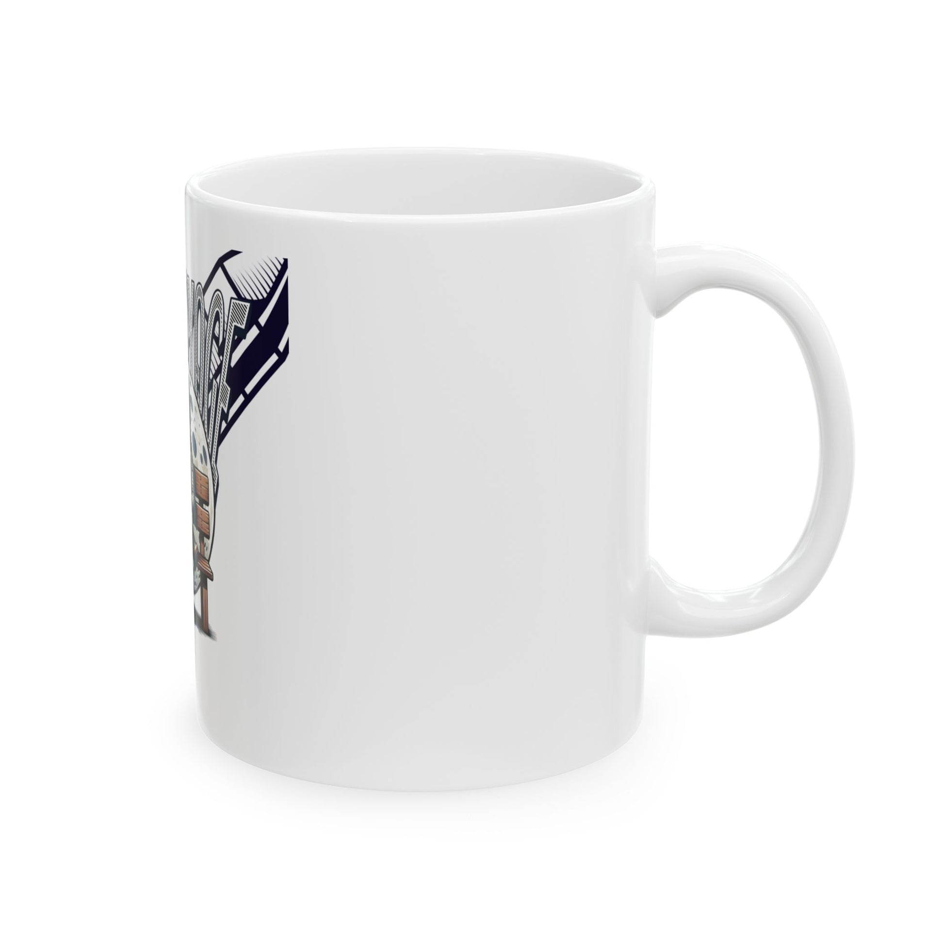 White mug with a graphic design on a white background