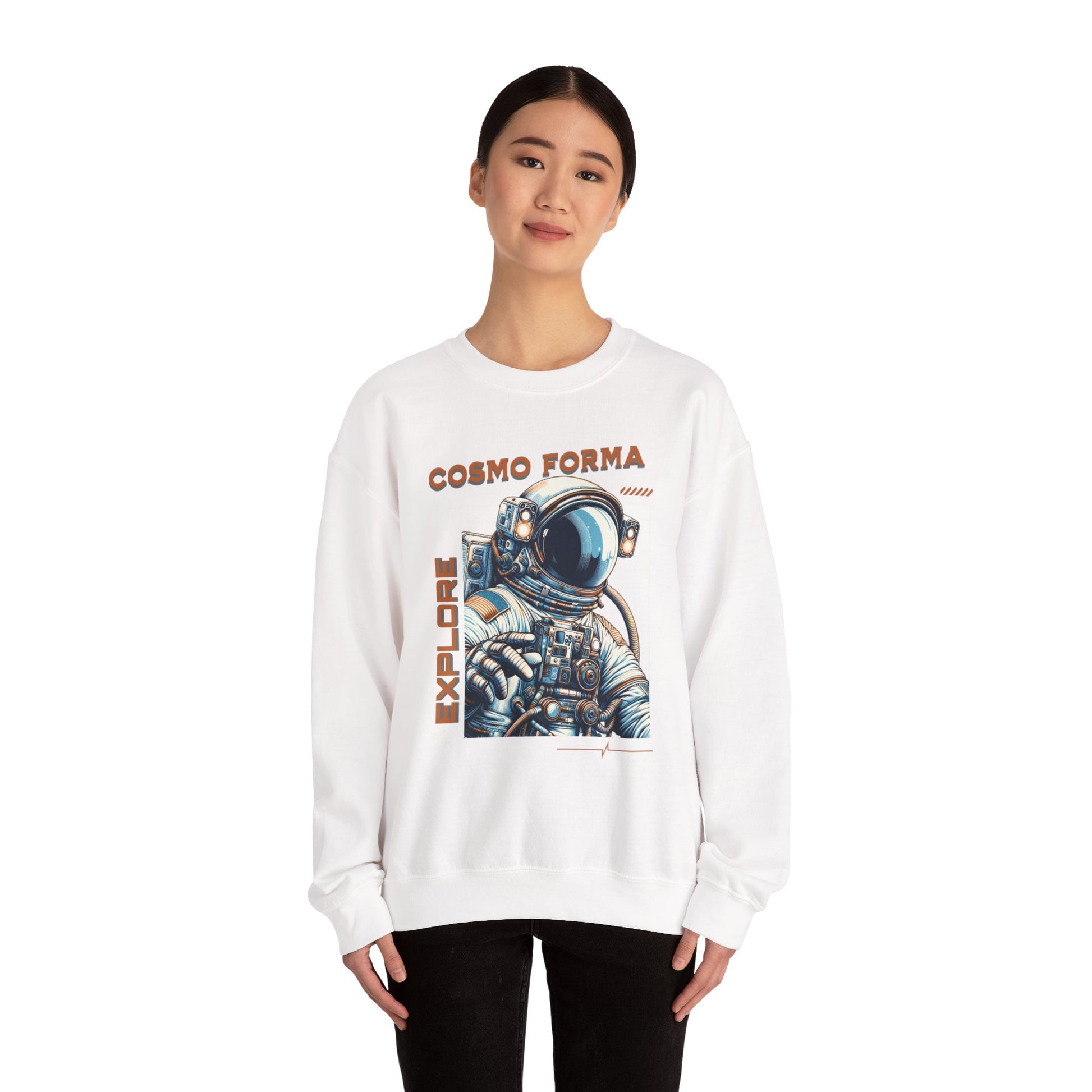 Person wearing a white sweatshirt with an astronaut graphic and 'Cosmo Forma' text on a white background