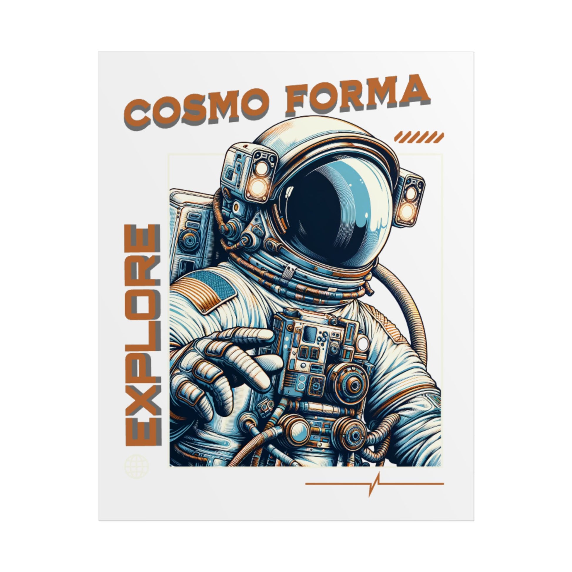 Illustration of an astronaut in a spacesuit with 'Cosmo Forma' and 'Explore' text on a white background