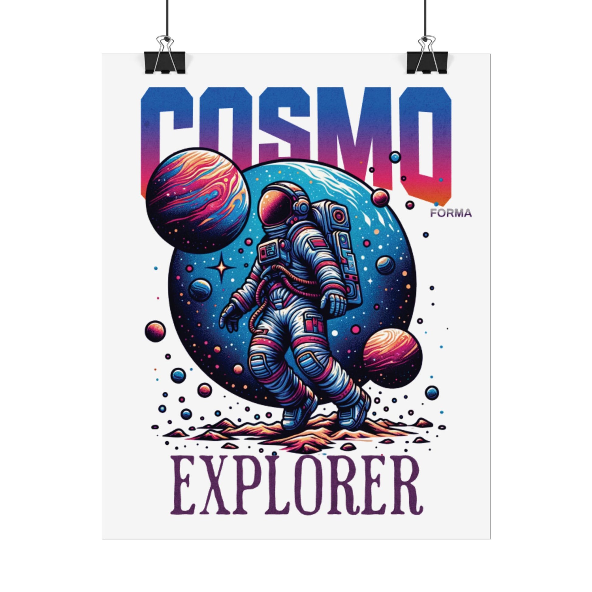 Poster with an astronaut and planets design, labeled 'Cosmo Explorer', on a white background.