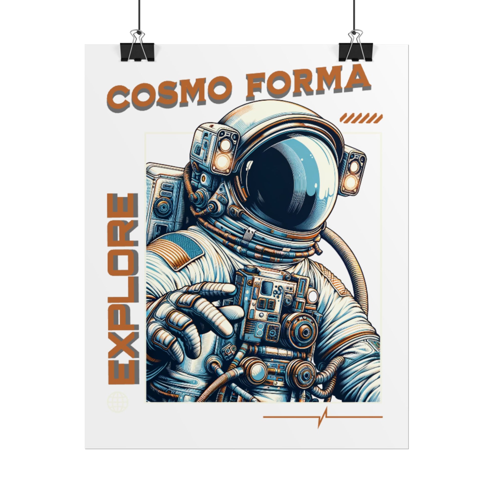 Poster with an astronaut illustration and 'Cosmo Forma' text on a white background
