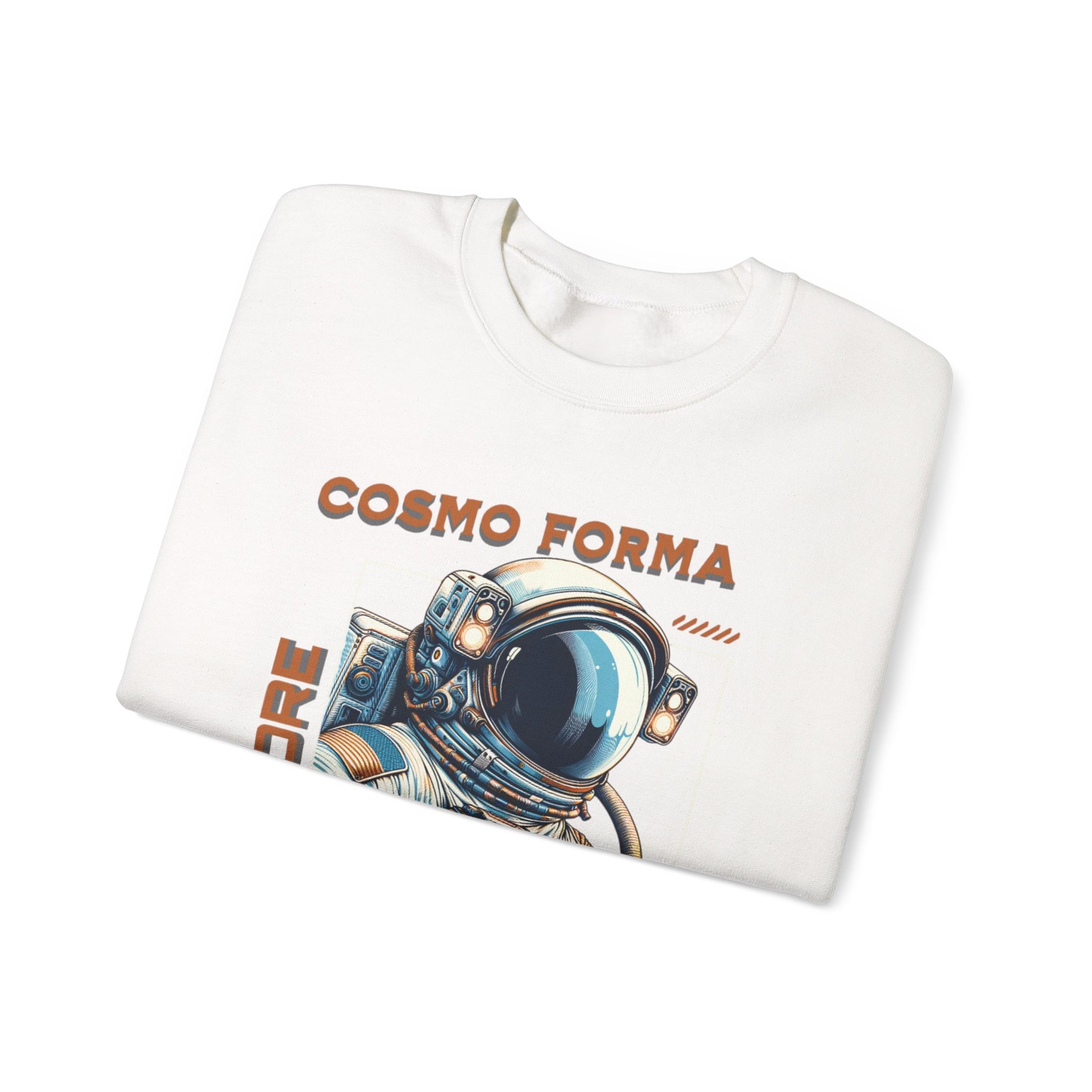 Folded white t-shirt with 'Cosmo Forma' design featuring an astronaut helmet on a white background