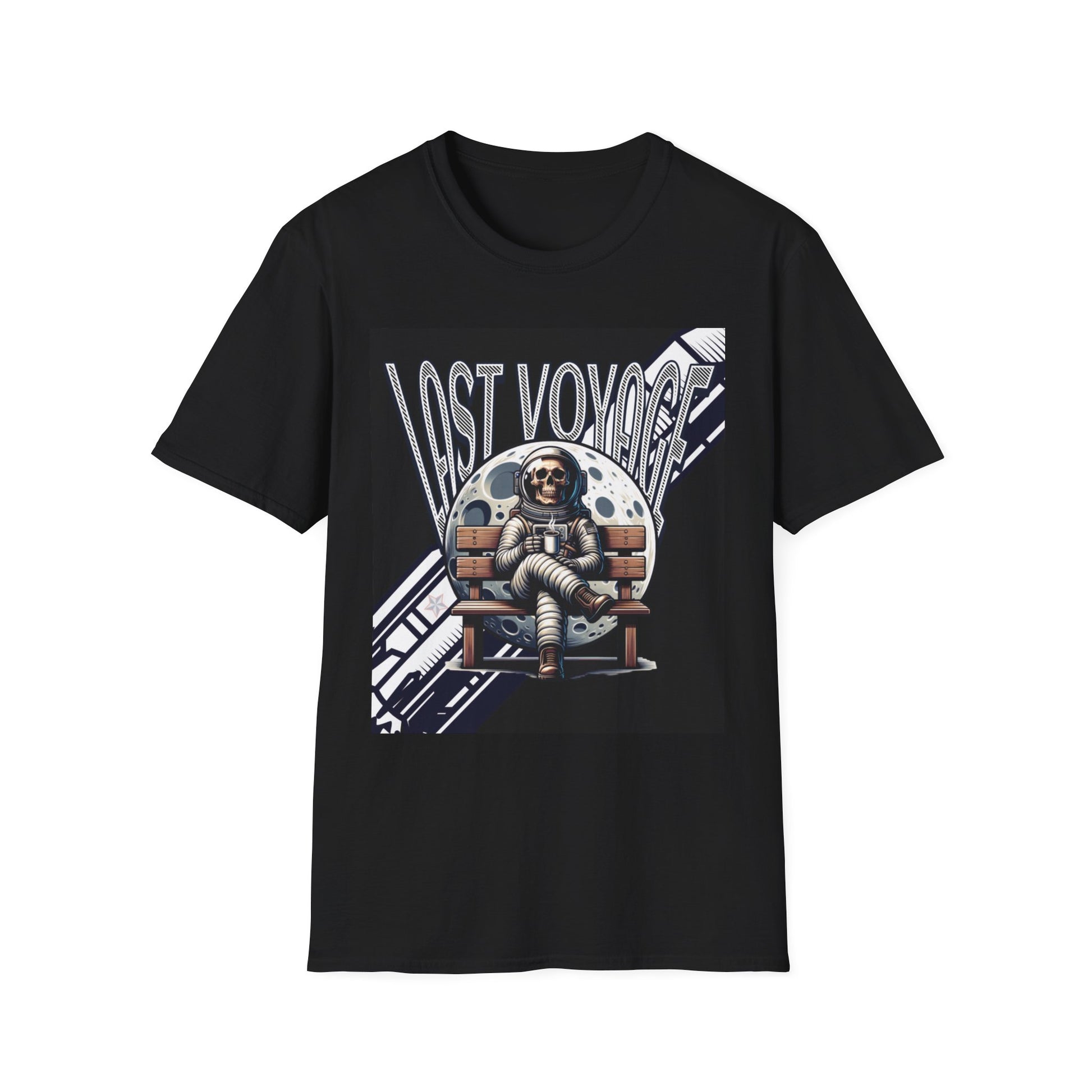 Black t-shirt with 'Lost Voyage' graphic featuring an astronaut on a white background
