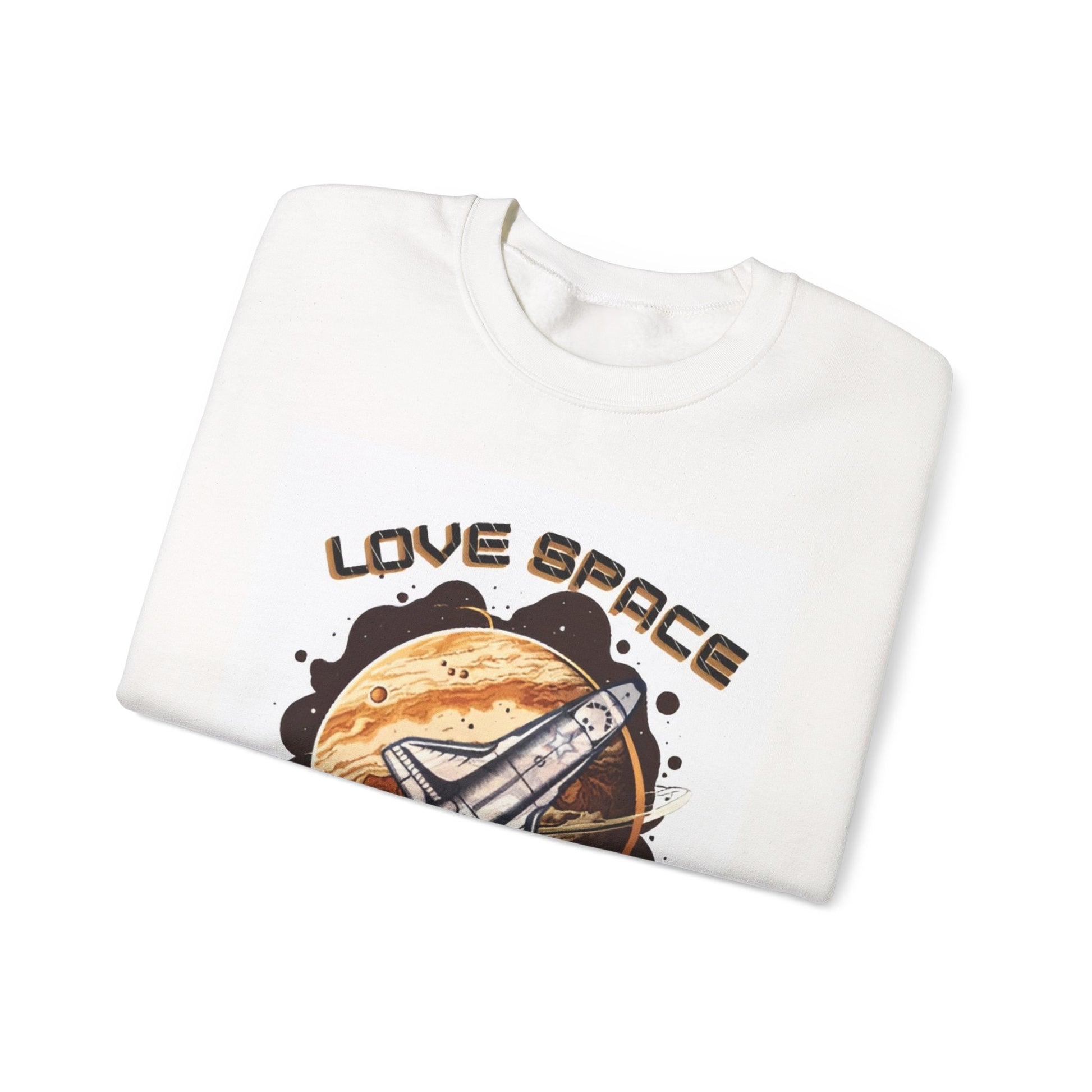 White sweatshirt with space-themed design and 'Love Space' text on a white background