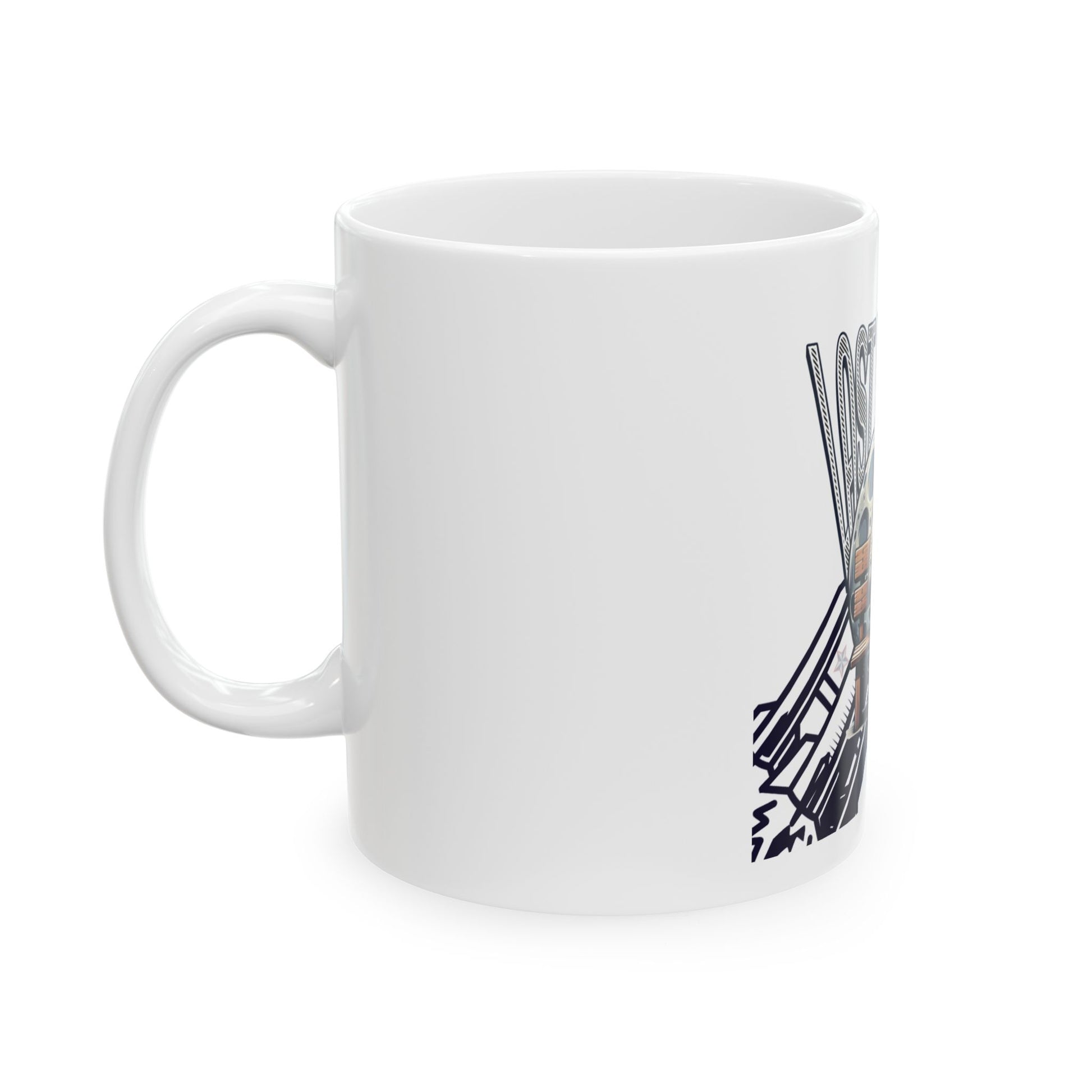 White mug with black and brown design on a white background