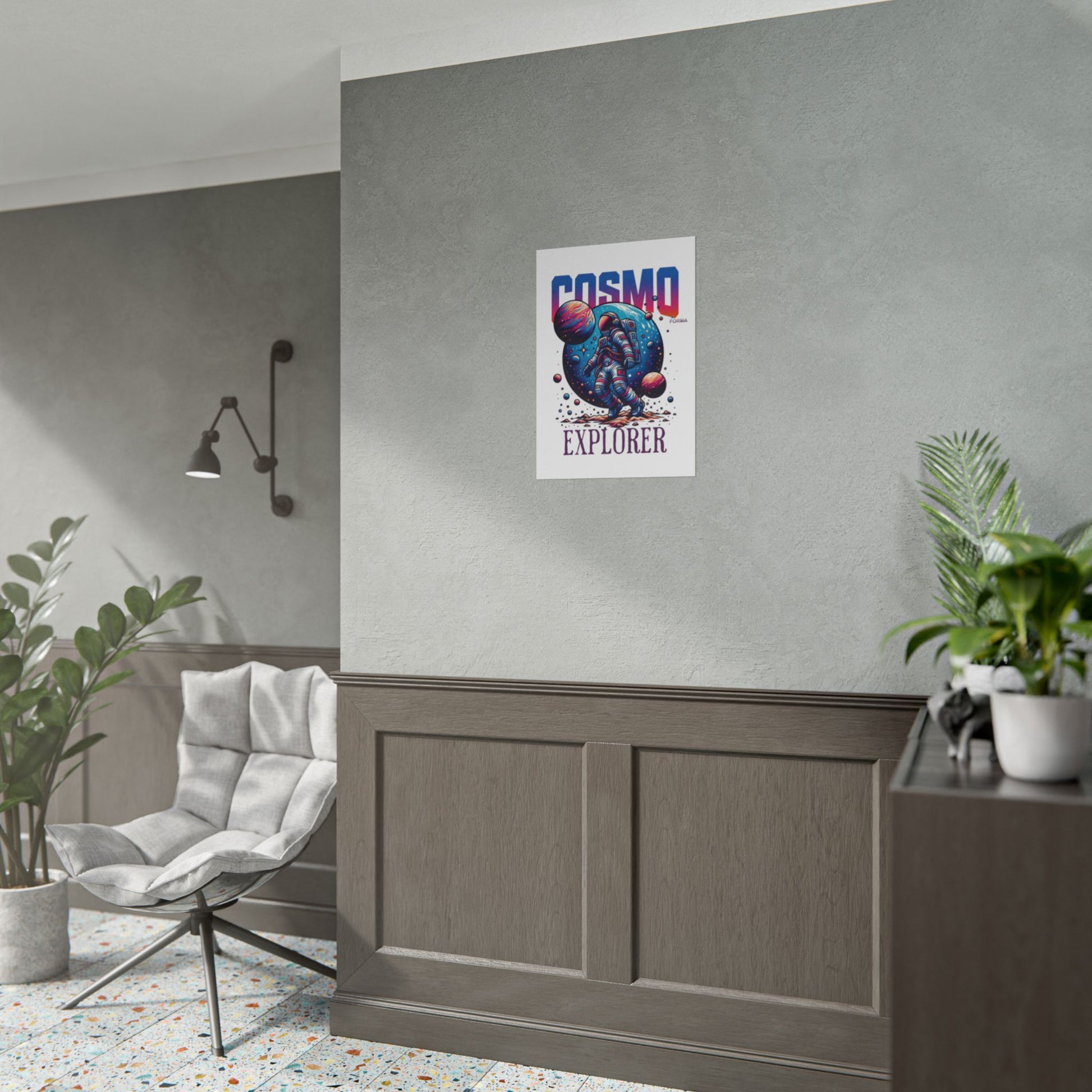 Poster titled 'Cosmo Explorer' on a gray wall with a modern interior setting.