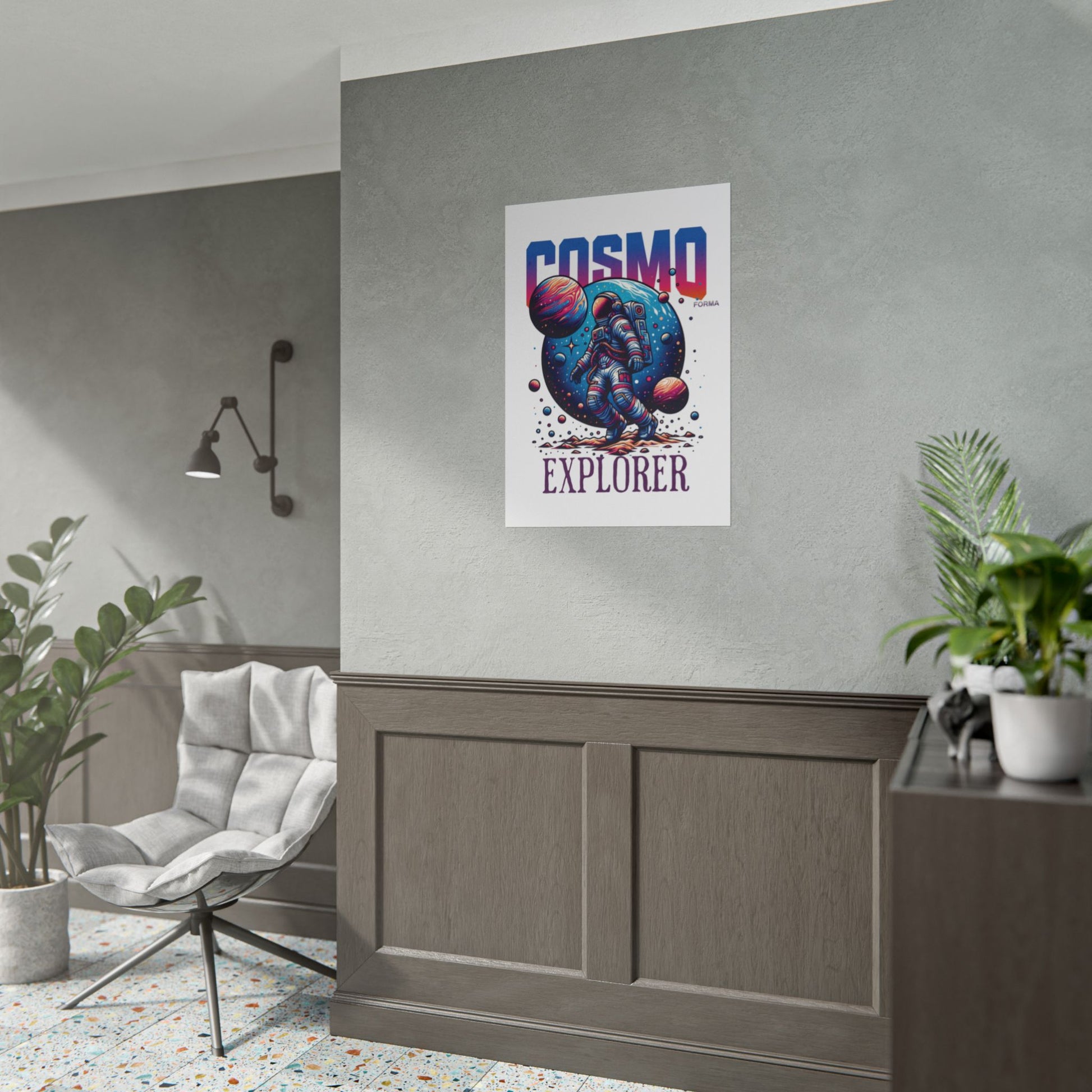 Poster with 'Cosmo Explorer' design on a wall in a modern living room.