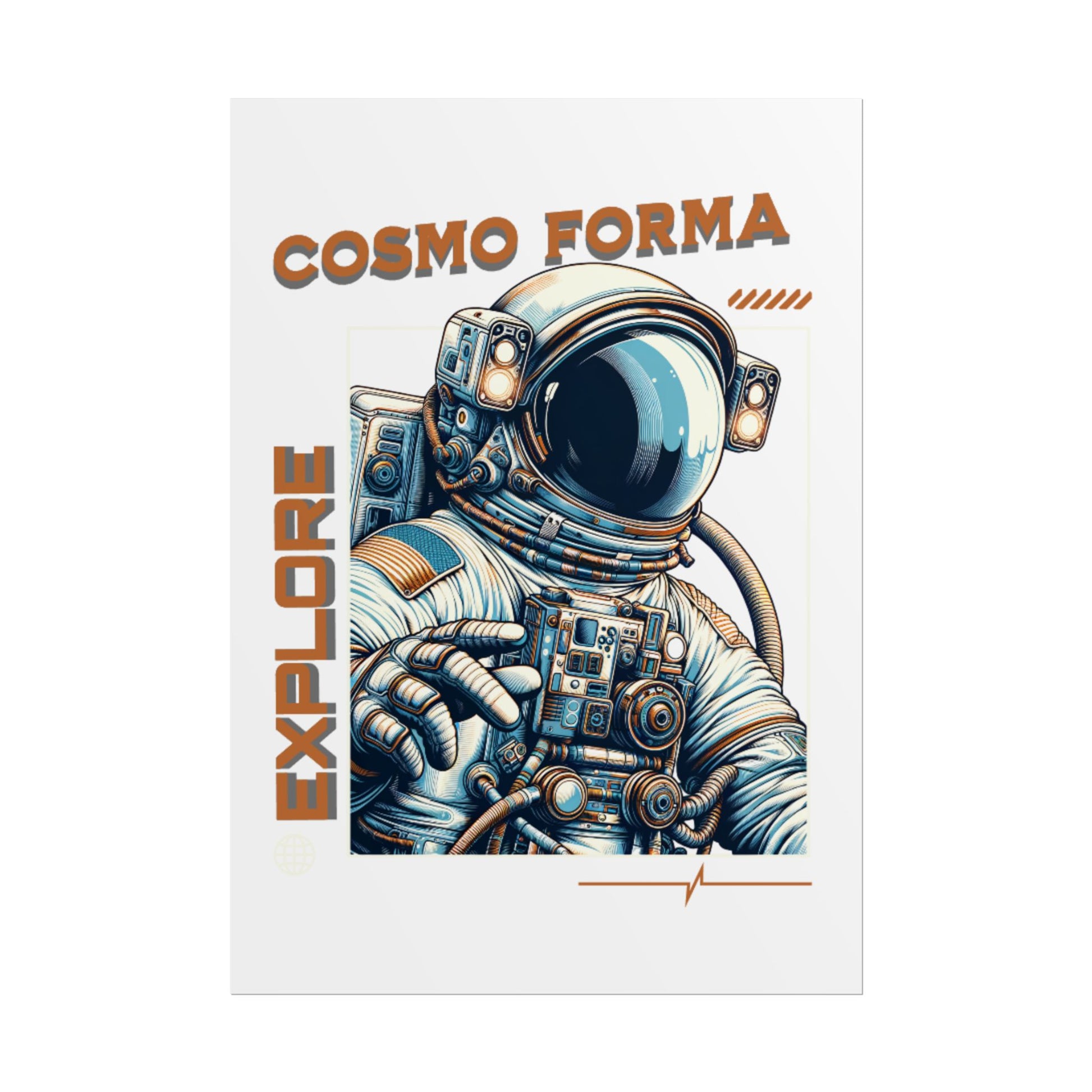 Illustration of an astronaut in a spacesuit with 'Cosmo Forma' and 'Explore' text on a white background