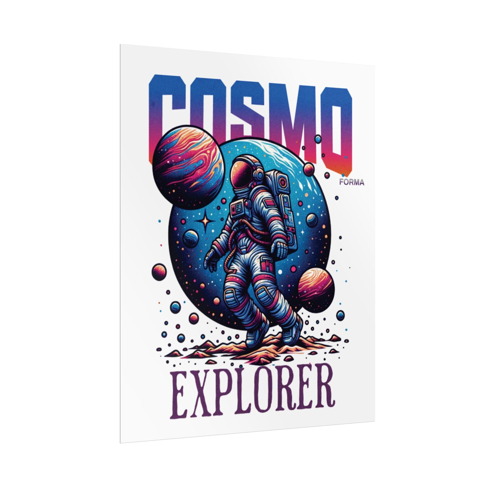 Poster with an astronaut and planets design, labeled 'Cosmo Explorer', on a white background.