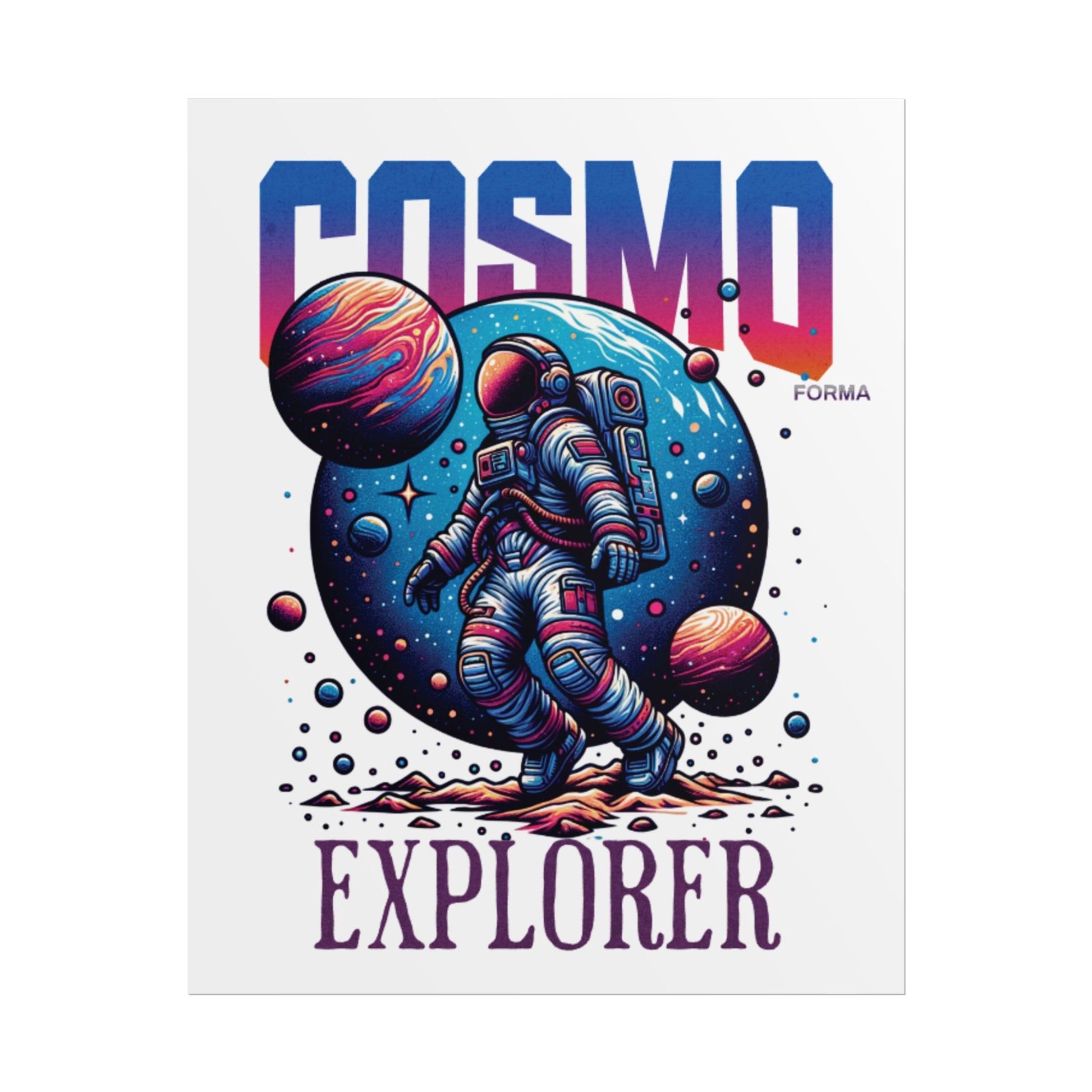 Illustration of an astronaut with planets and 'Cosmo Explorer' text on a white background