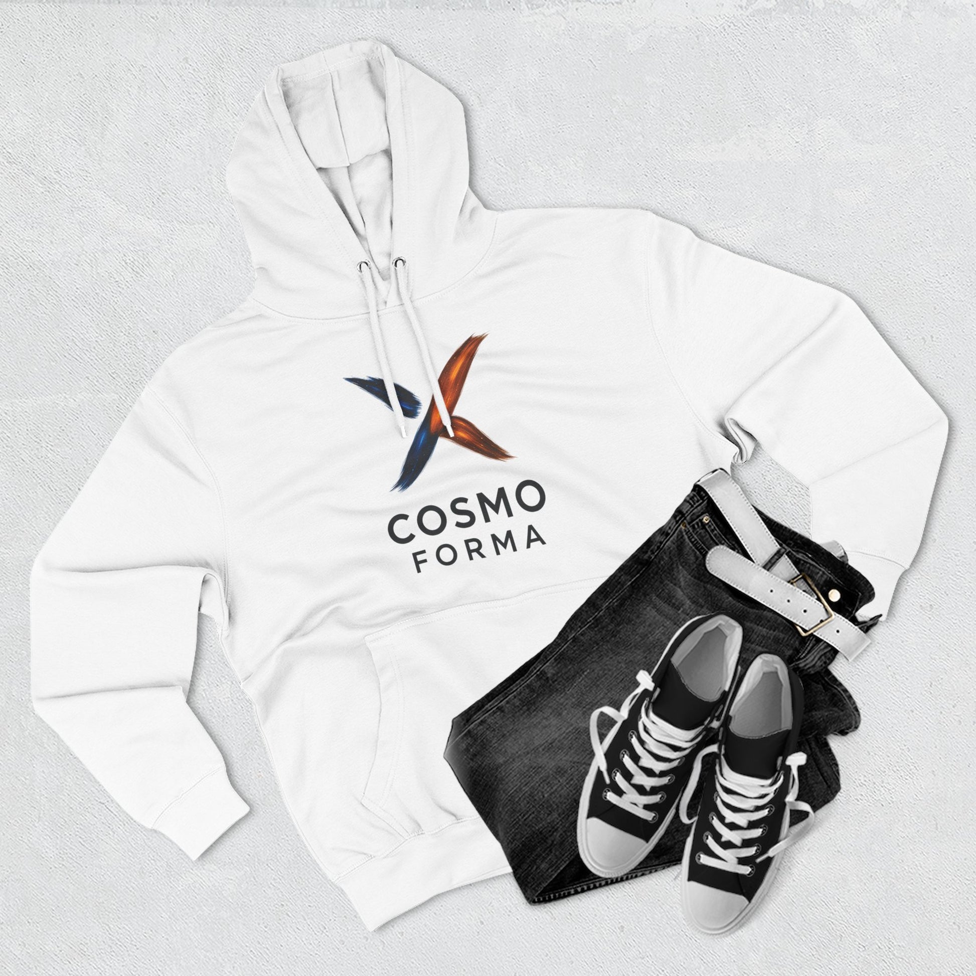 White hoodie with Cosmo Forma logo, black jeans, and black sneakers on a light gray background