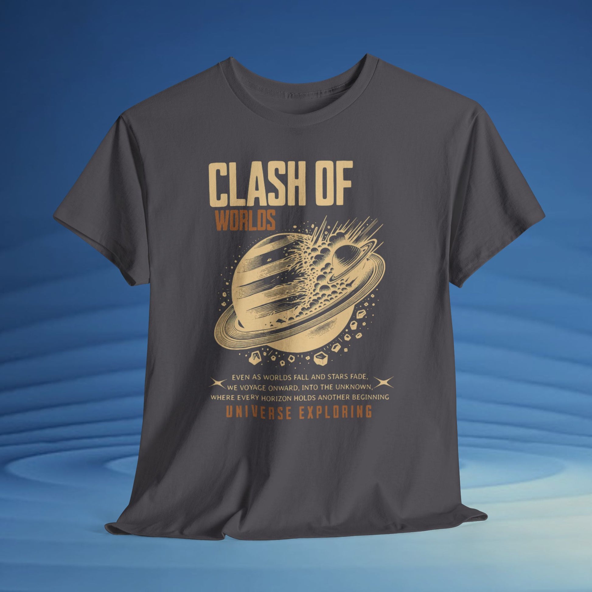 Gray t-shirt with 'Clash of Worlds' graphic design on a blue background