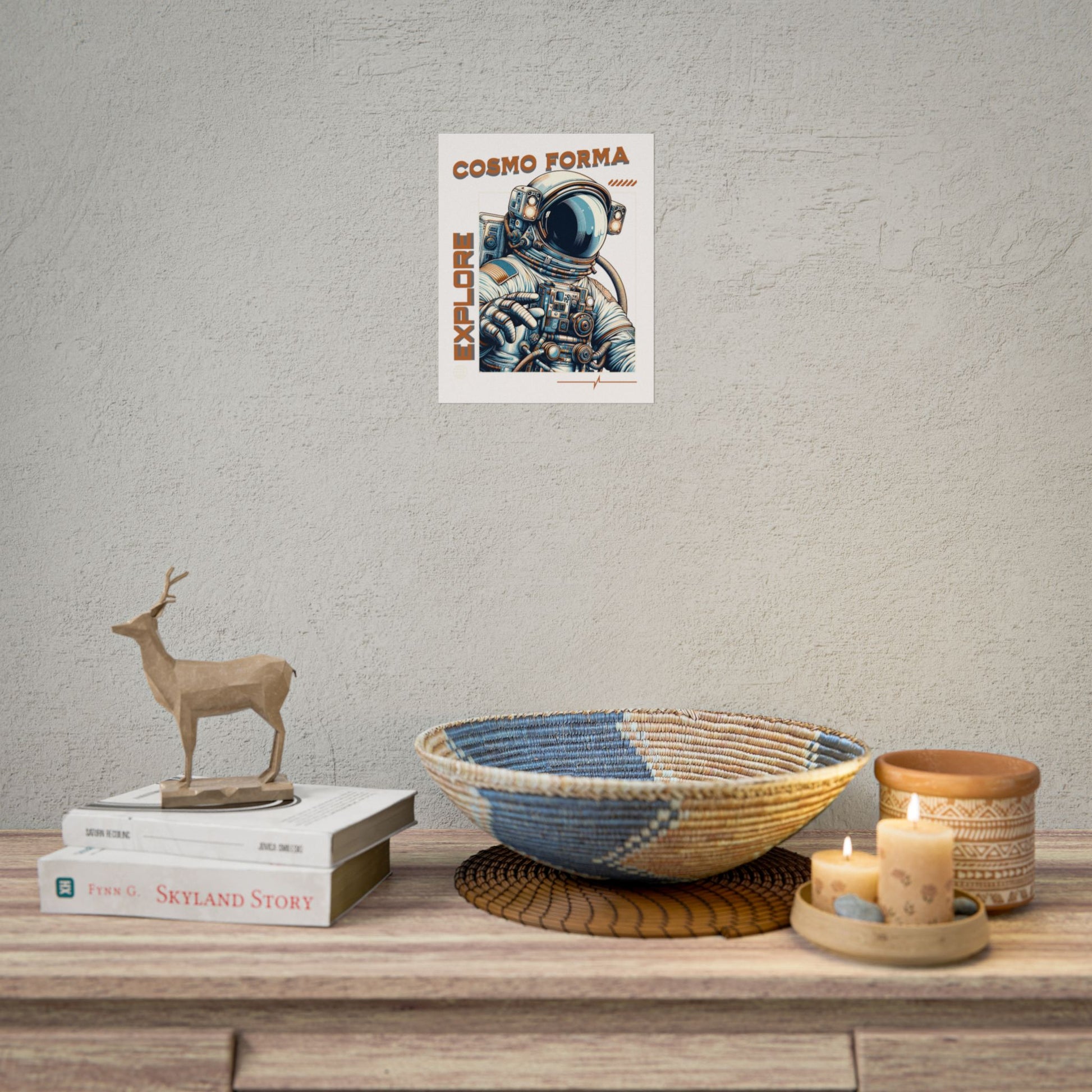 Astronaut poster on a wall above a wooden shelf with decorative items.