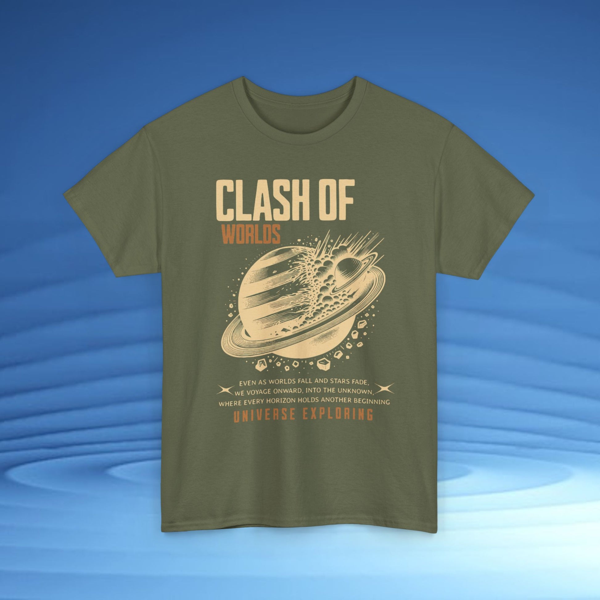Green t-shirt with 'Clash of Worlds' graphic design on a blue background