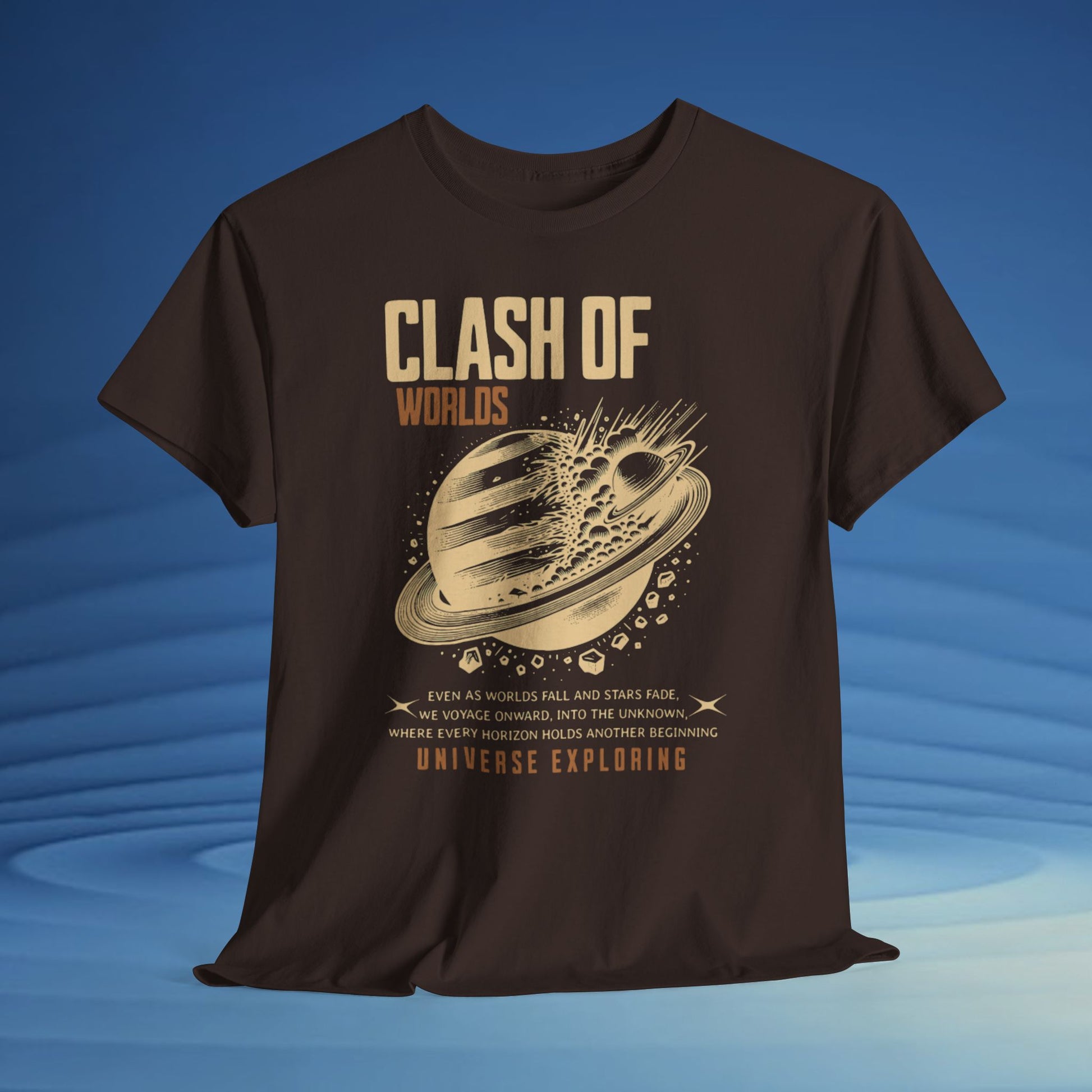 Brown t-shirt with space-themed design and text on a blue background
