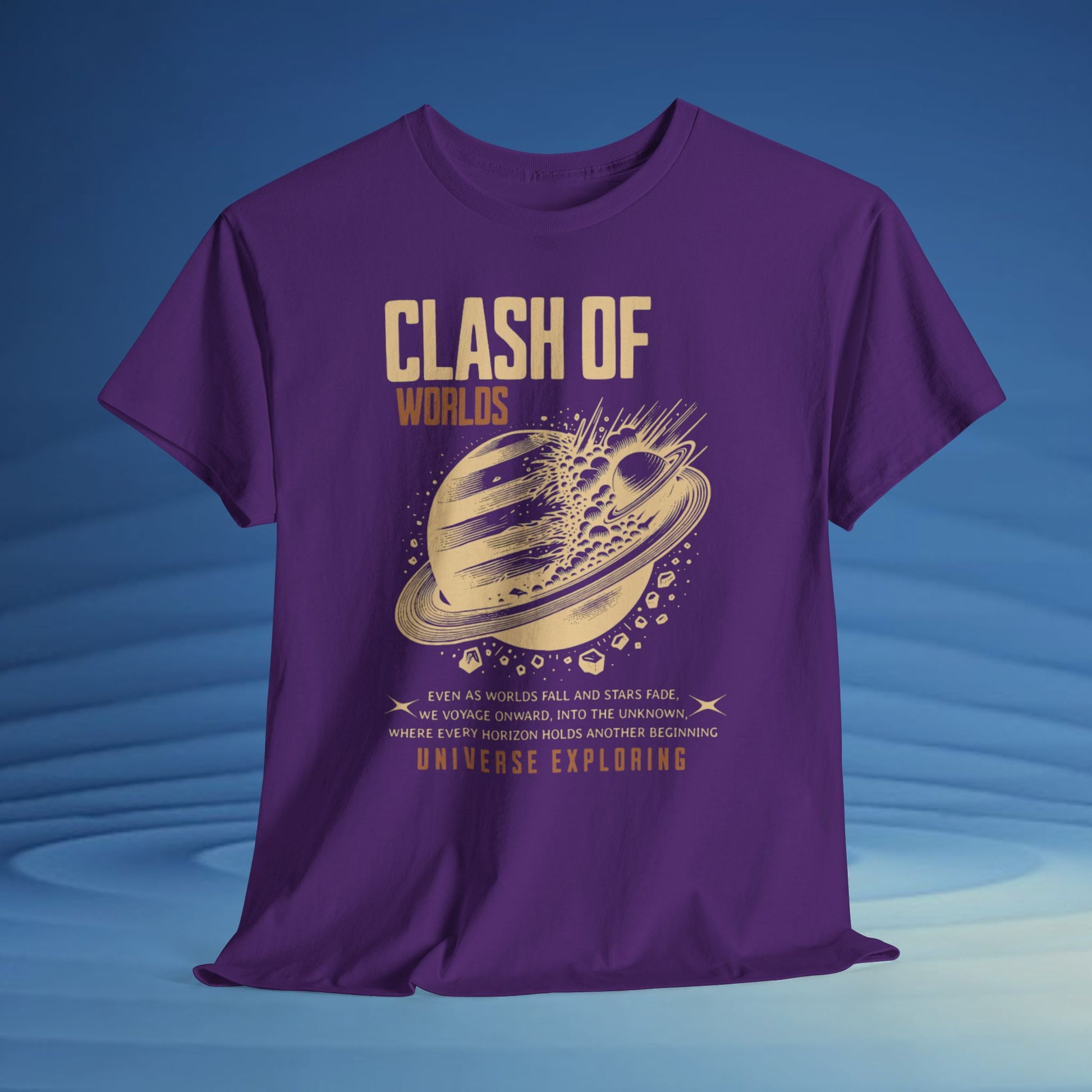 Purple t-shirt with 'Clash of Worlds' graphic design on a blue background