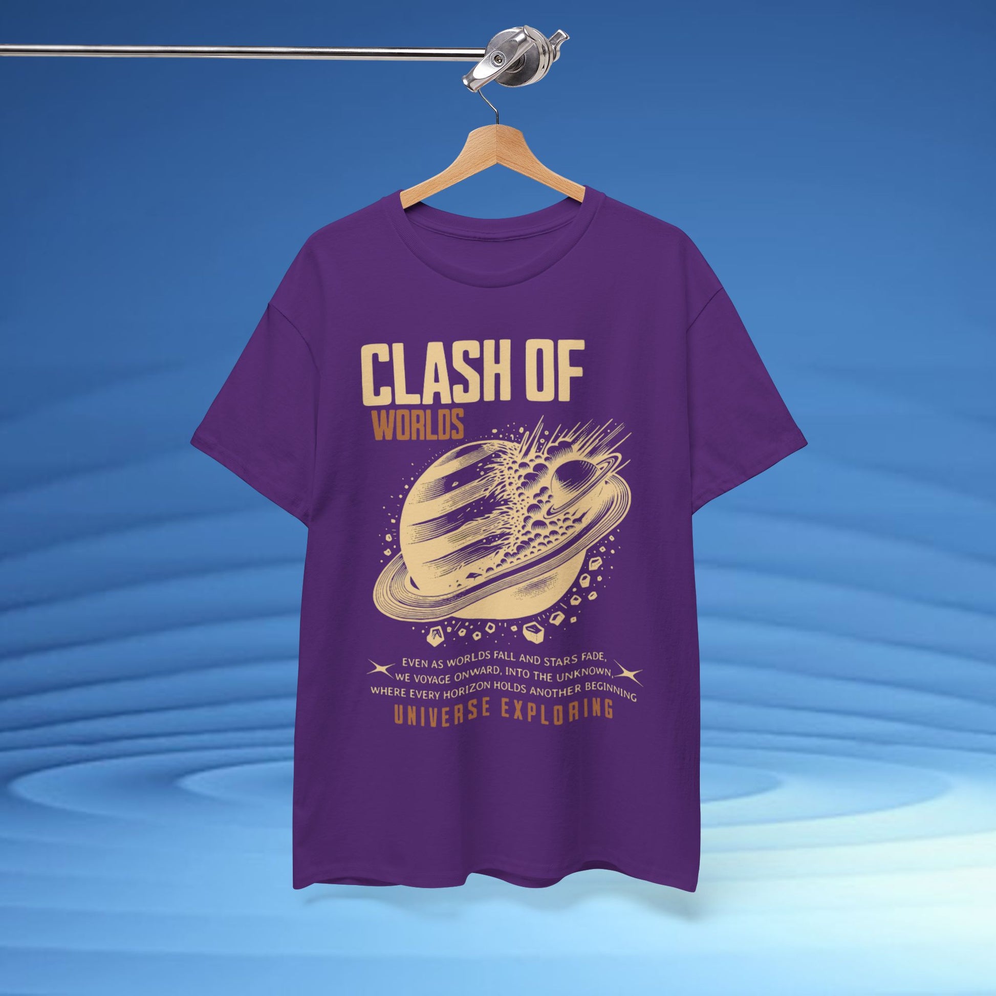 Purple t-shirt with 'Clash of Worlds' design on a hanger against a blue background