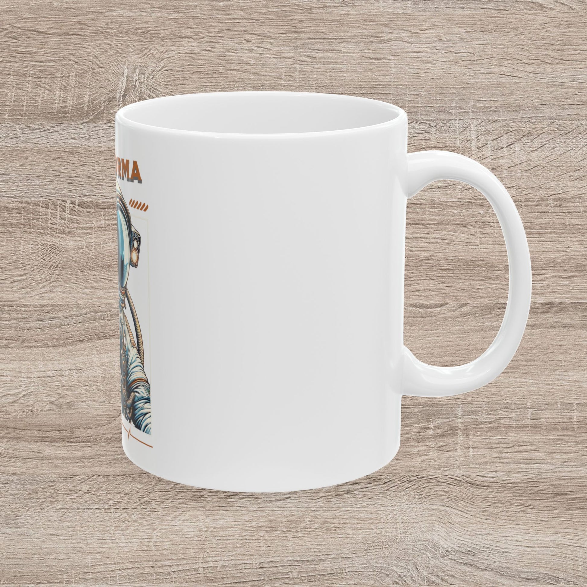 White mug with a graphic design on a wooden surface CosmoForma