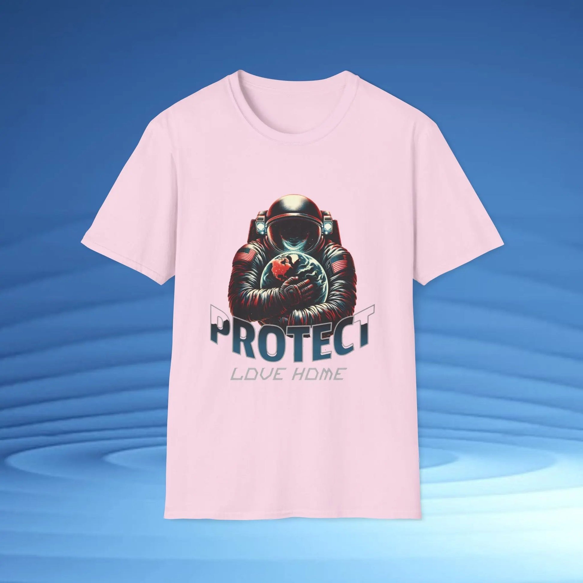 Protect Love Home T-Shirt Astronaut Environmental Graphic Tee | Cosmo Forma Eco-Inspired Streetwear Printify