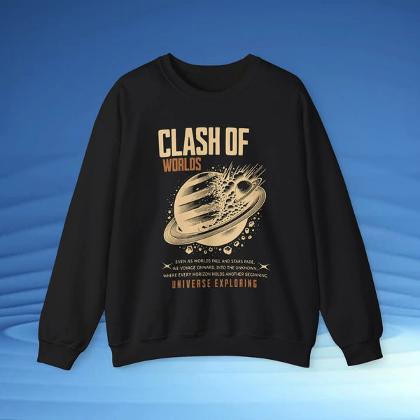 Clash of Worlds Unisex Crewneck Sweatshirt | Retro Space Graphic Pullover by Cosmo Forma Printify
