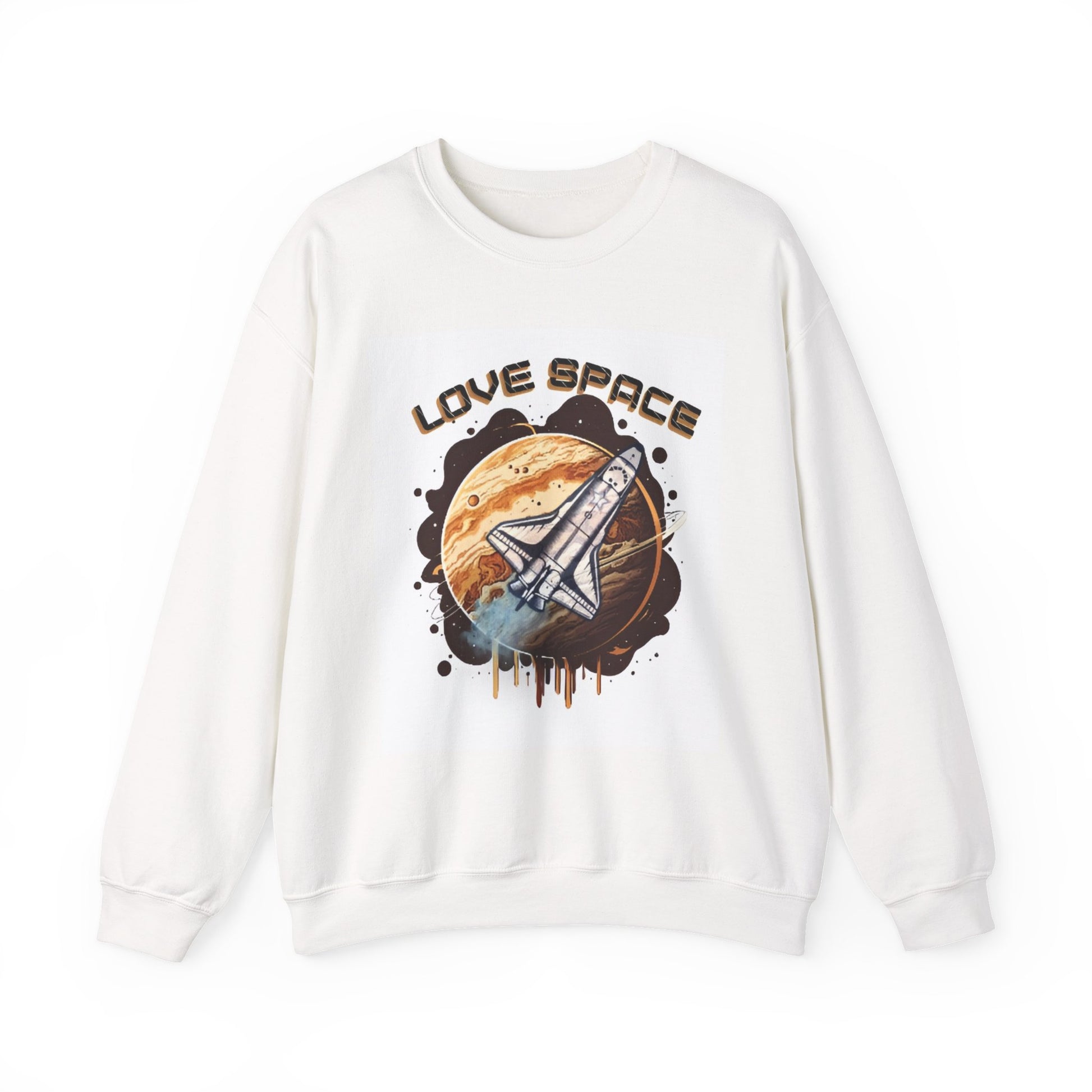 White sweatshirt with space-themed design and 'Love Space' text on a white background
