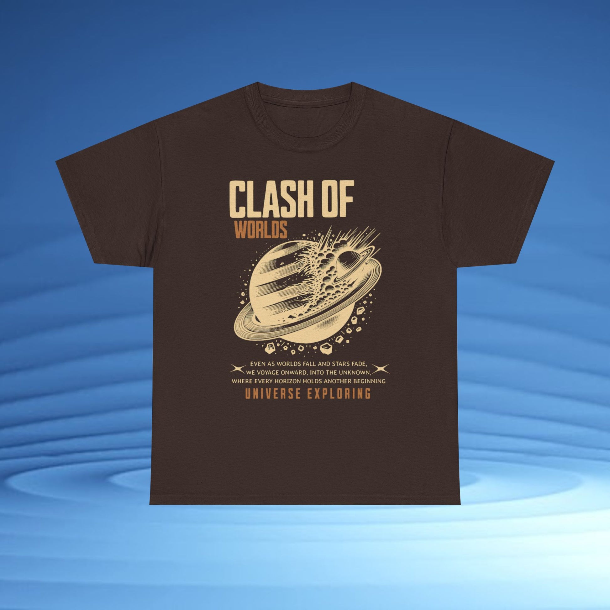 Brown t-shirt with 'Clash of Worlds' graphic design on a blue gradient background CosmoForma