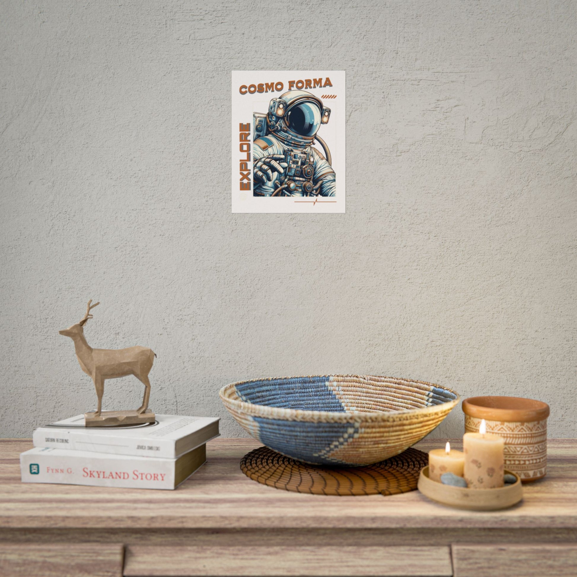 Poster of an astronaut with 'Cosmo Forma' text on a wall above a wooden shelf with decor items.